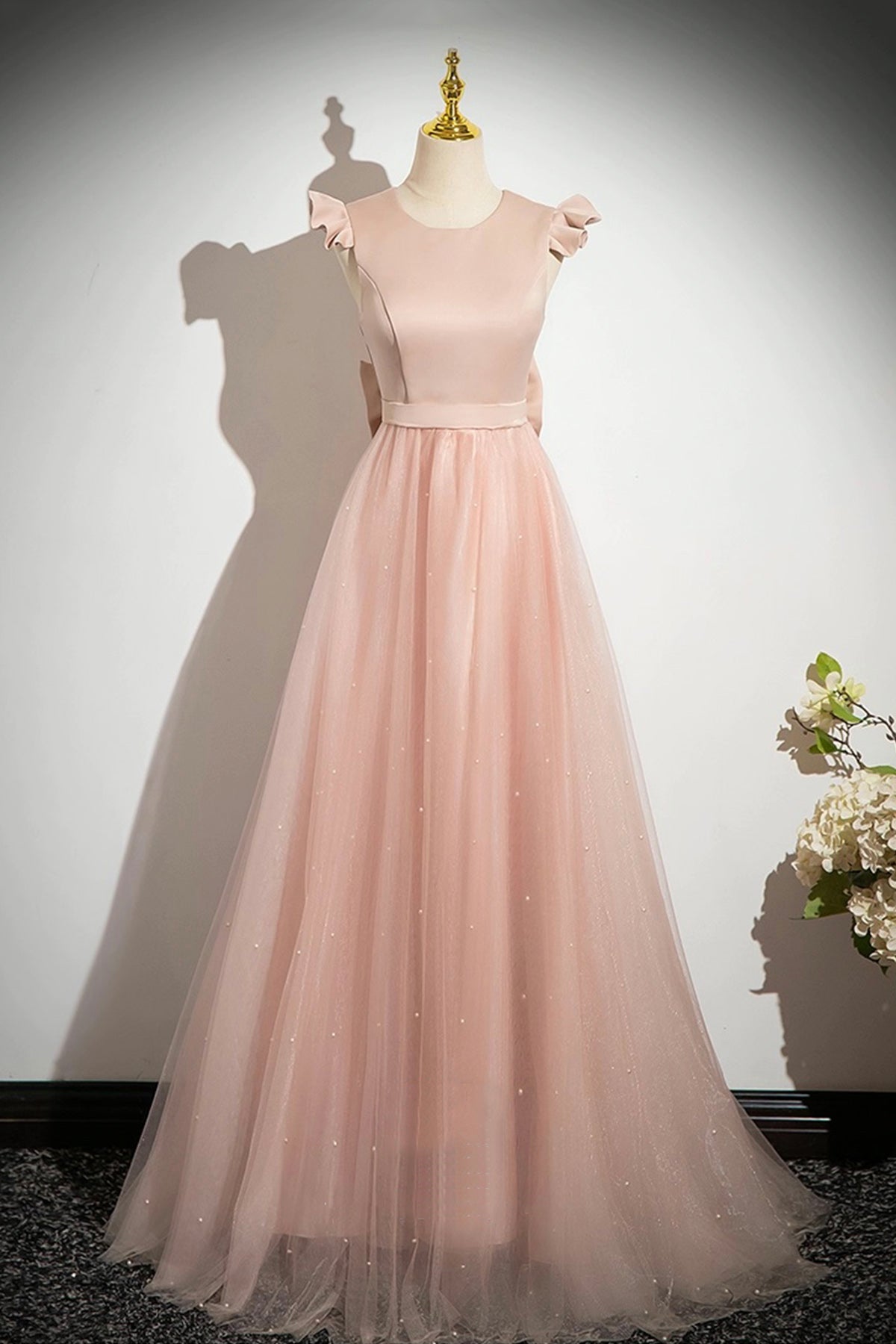 Pink Satin Tulle Long Prom Dress, Beautiful Pink Evening Party Dress