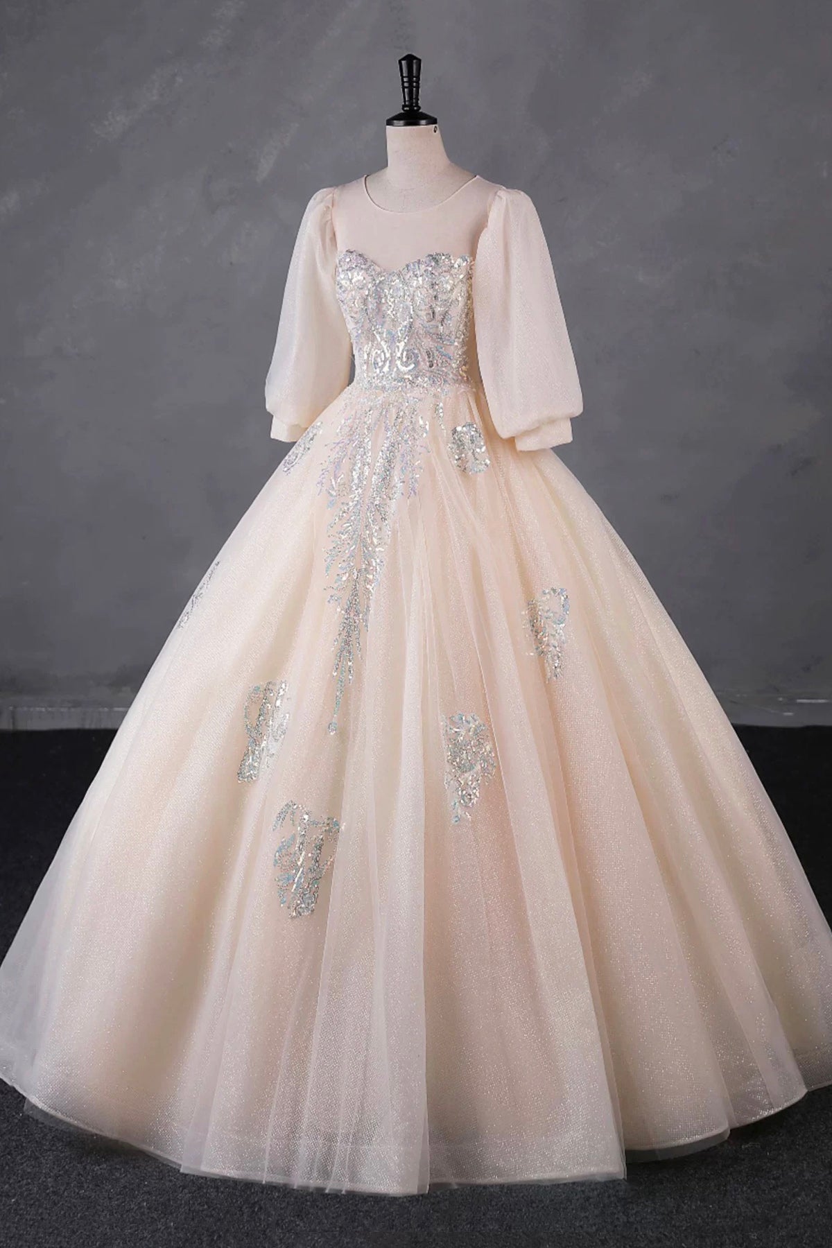 Champagne Tulle Sequins Long Prom Dress, A-Line Long Sleeve Evening Party Dress