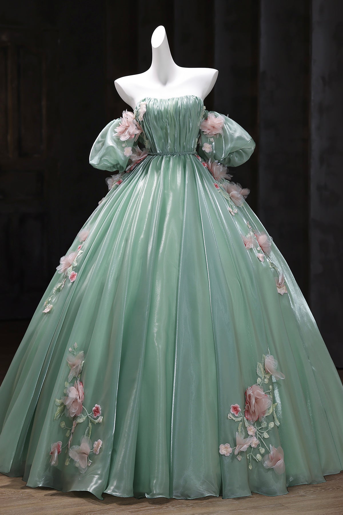 Green Tulle Long Prom Dress with Flowers, Beautiful Off the Shoulder Party Dress