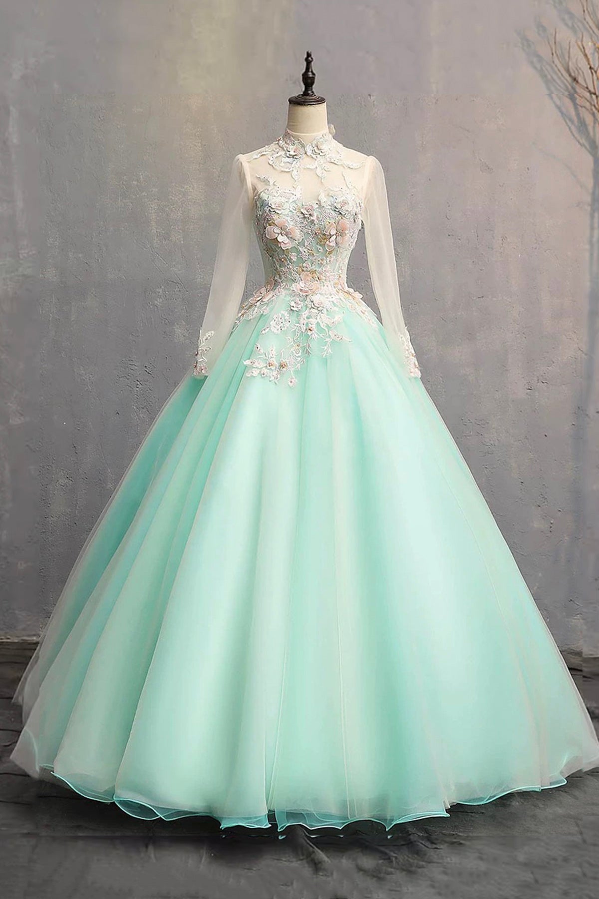 Green Tulle Lace Long Prom Dress, Beautiful A-Line Long Sleeve Party D