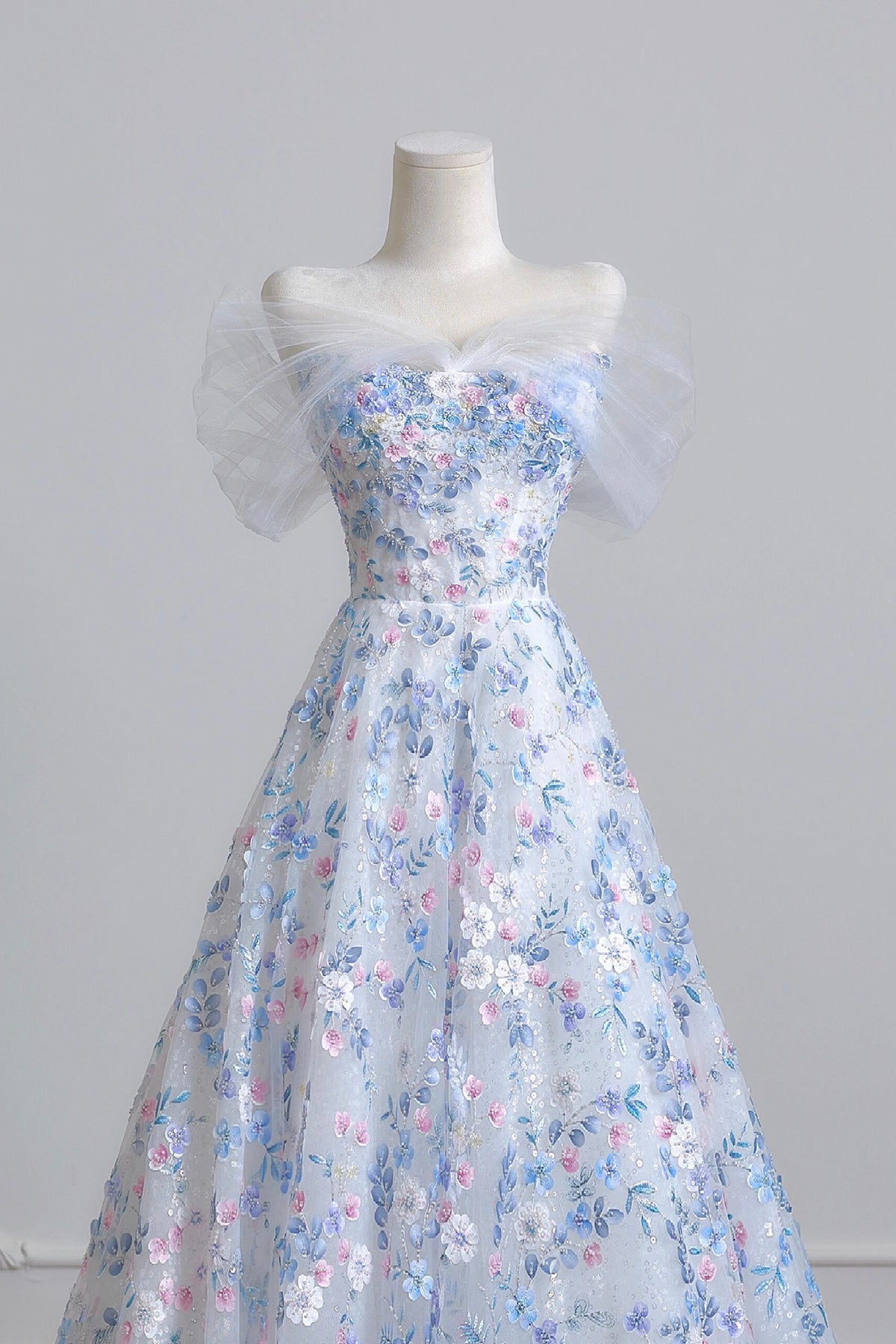 Blue Floral Tulle Long Prom Dress, Beautiful A-Line Off the Shoulder Party Dress