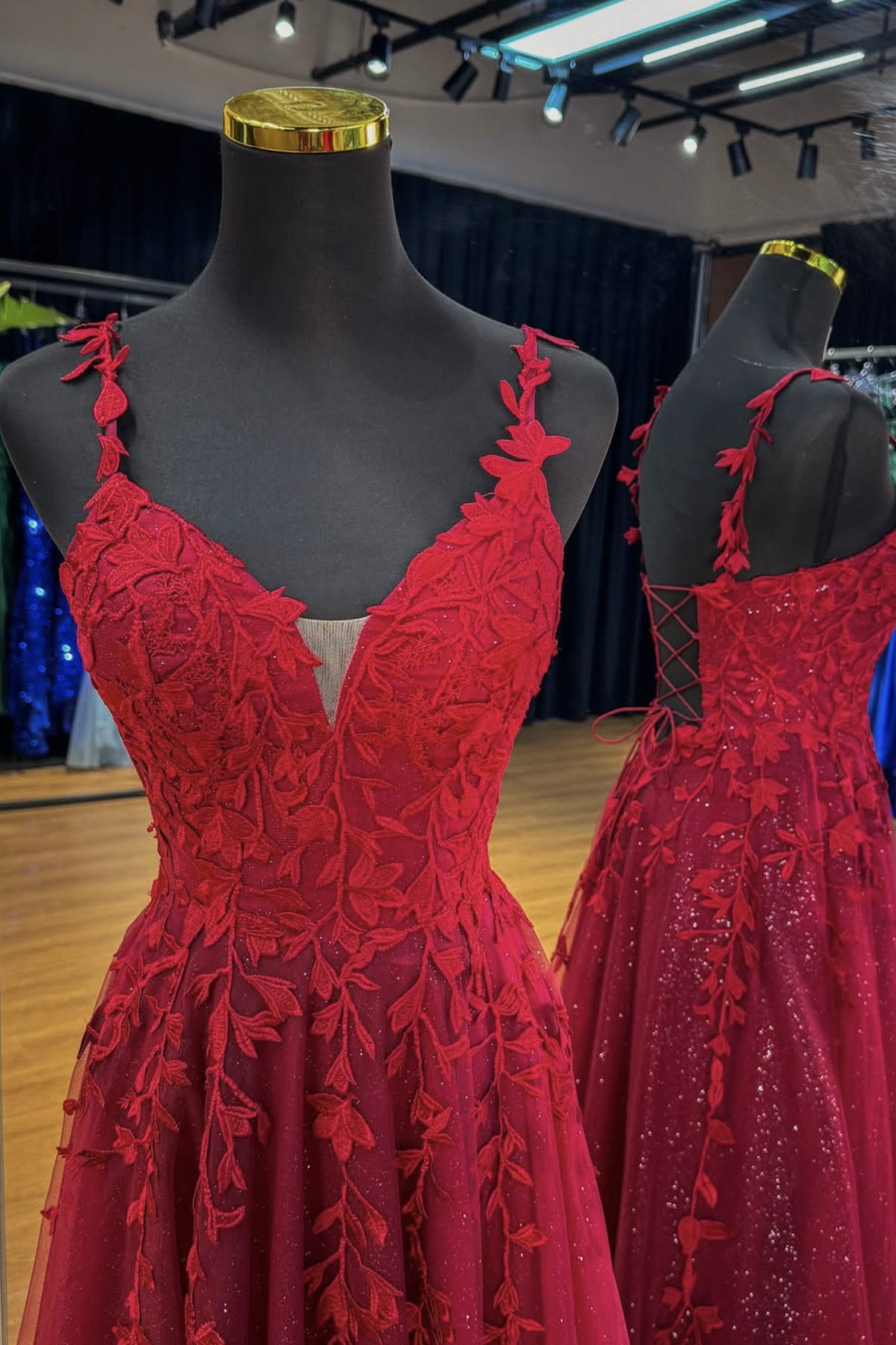 Burgundy V-Neck Lace Long Prom Dress, A-Line Spaghetti Strap Evening Party Dress