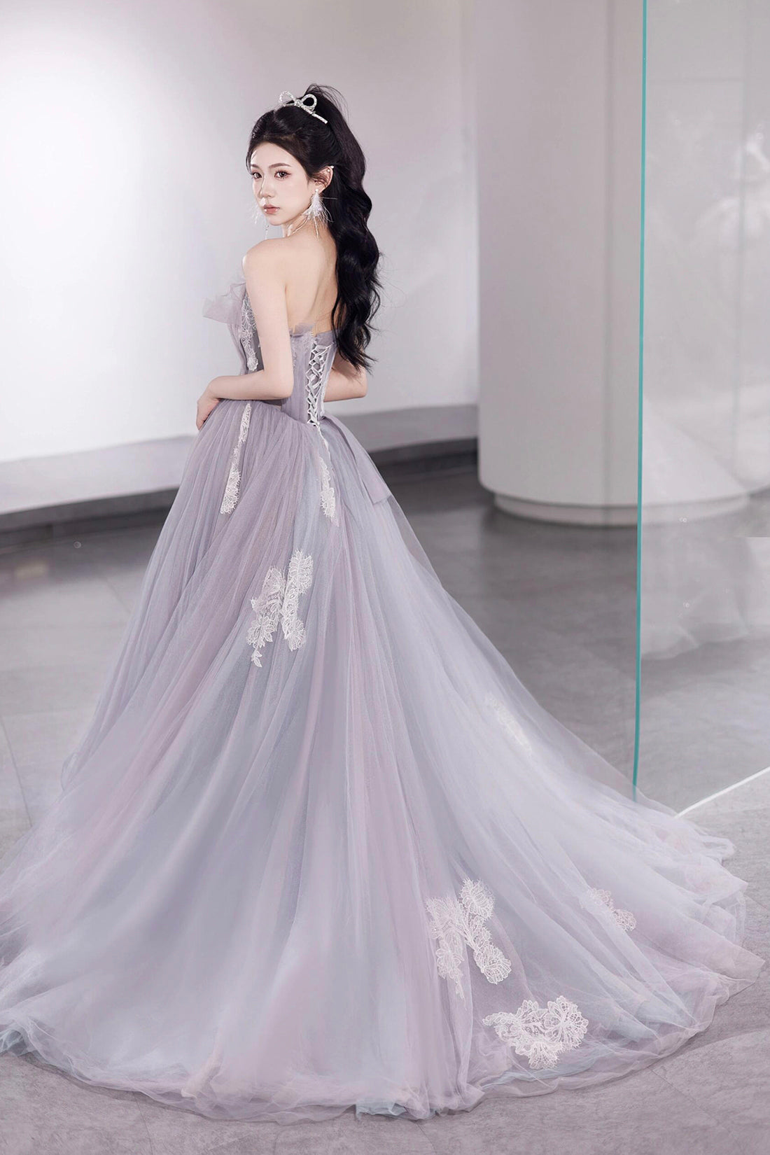 Light Purple Tulle Lace Long Prom Dress, Beautiful Strapless Evening Party Dress