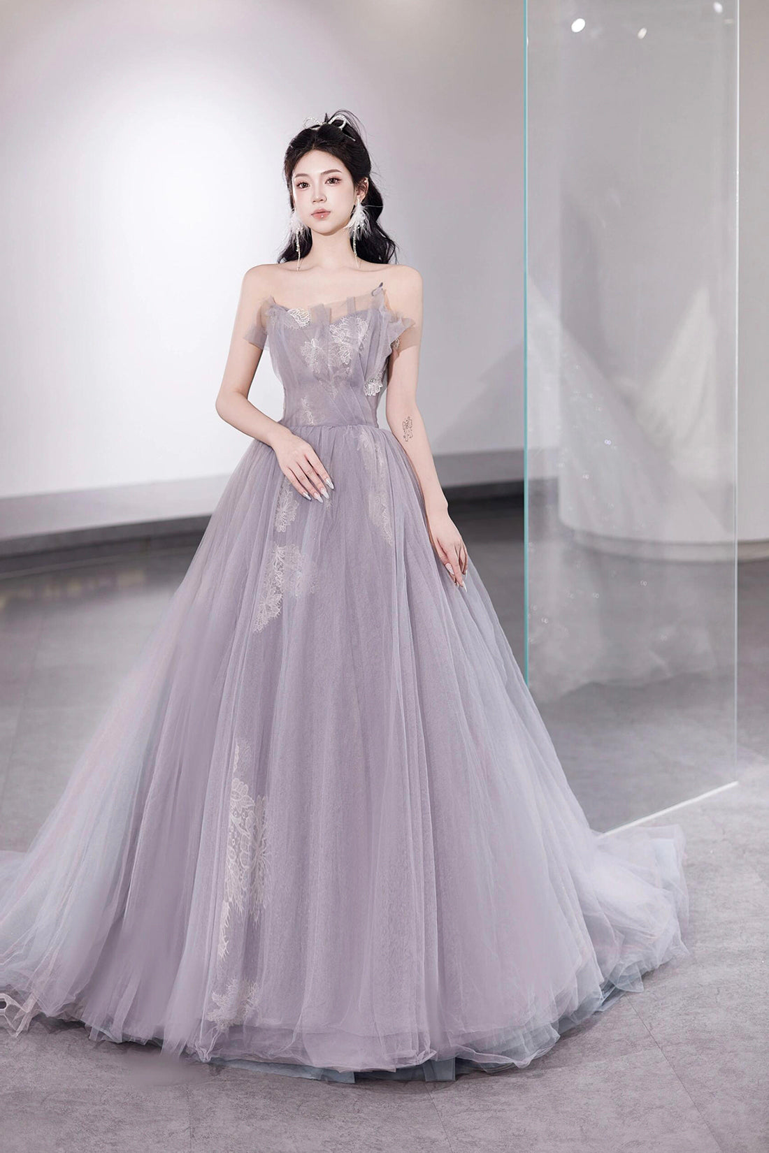 Light Purple Tulle Lace Long Prom Dress, Beautiful Strapless Evening Party Dress