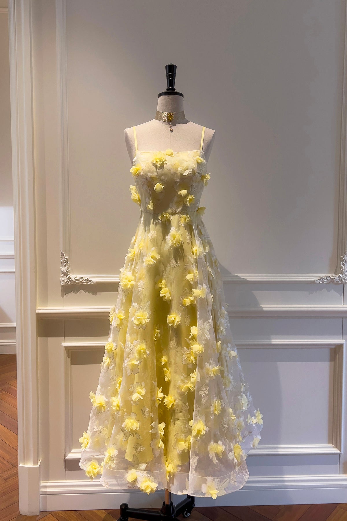 Yellow Tulle Flowers Teal Length Prom Dress, Lovely A-Line Party Dress