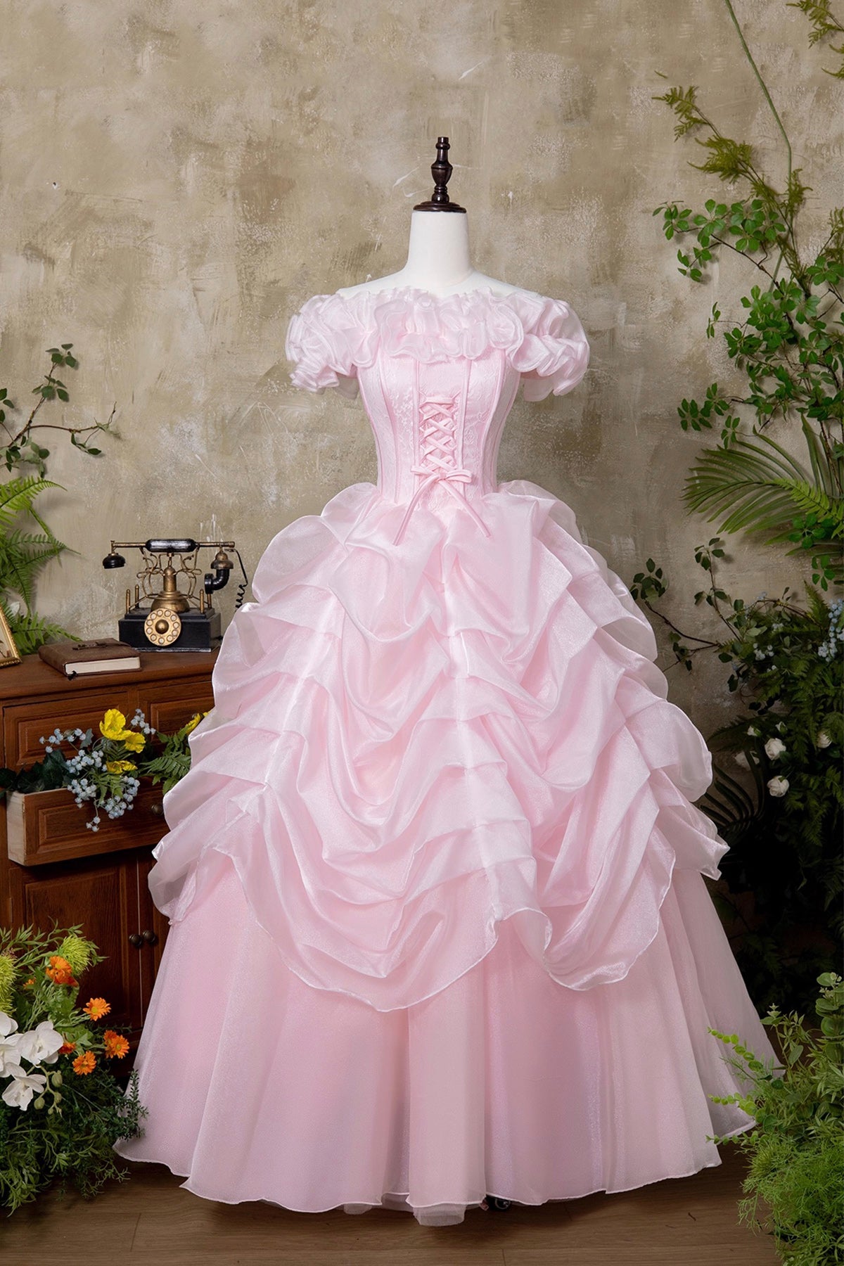 Pink Tulle Lace Long Prom Dress, Beautiful A-Line Off the Shoulder Party Dress