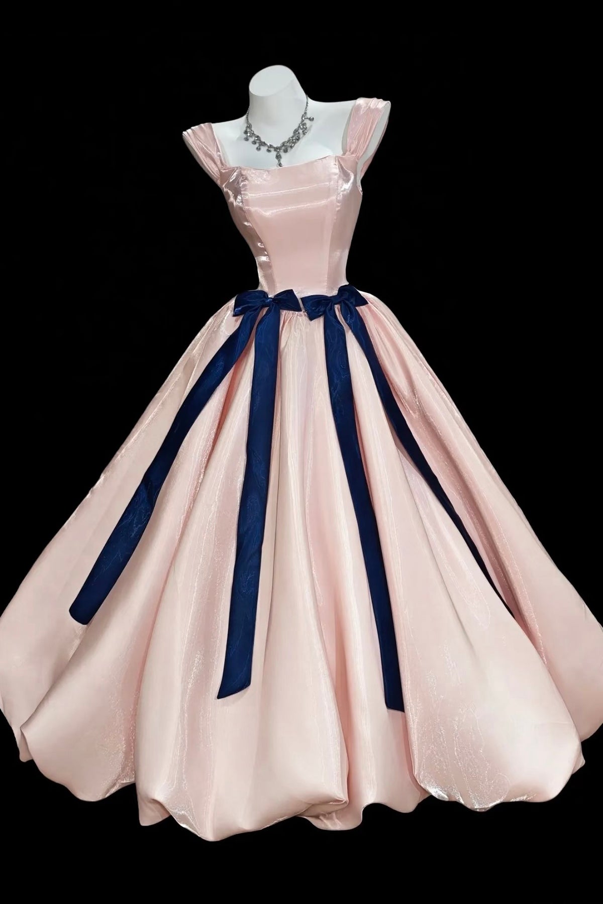 Pink Satin Ball Gown with Navy Ribbon - Vintage Formal Evening Dress