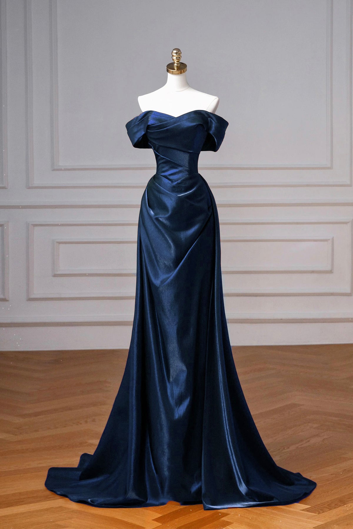 Navy Satin Long A-Line Prom Dress, Elegant Off the Shoulder Party Dres Navy Satin Long A-Line Prom Dress, Elegant Off the Shoulder Party Dres
