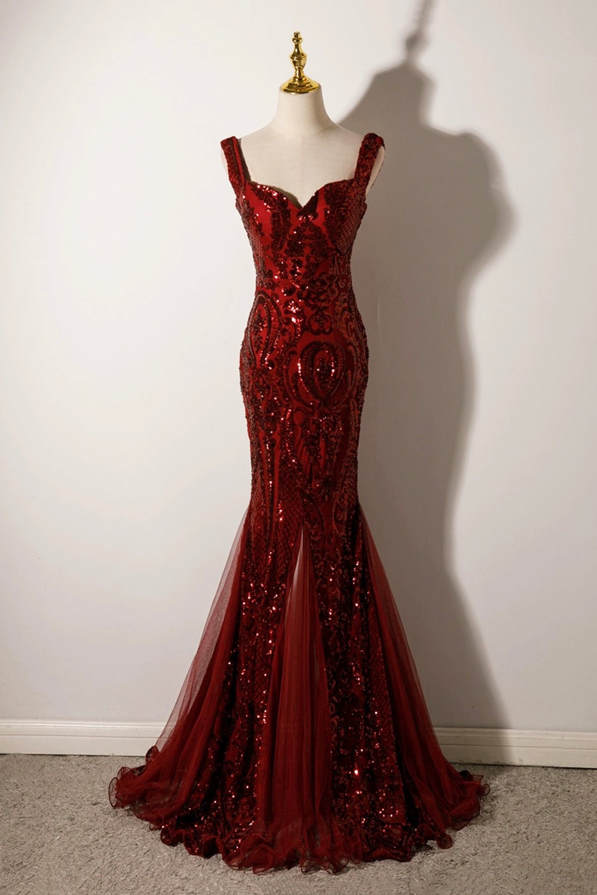 Mermaid Sequins Long Prom Dress, Burgundy Backless Evening Party Dress