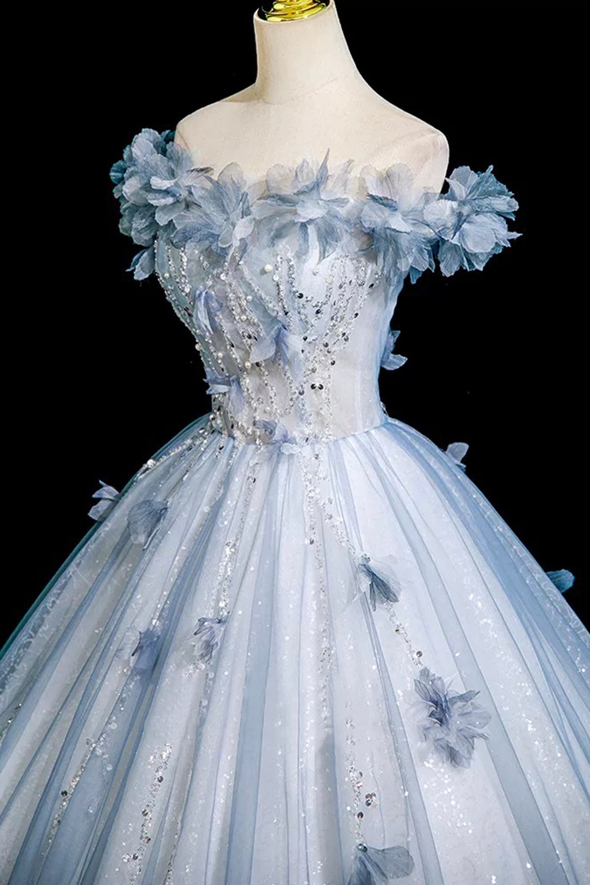 Blue Tulle Sequins Long Prom Dress, A-Line Off the Shoulder Party Dress