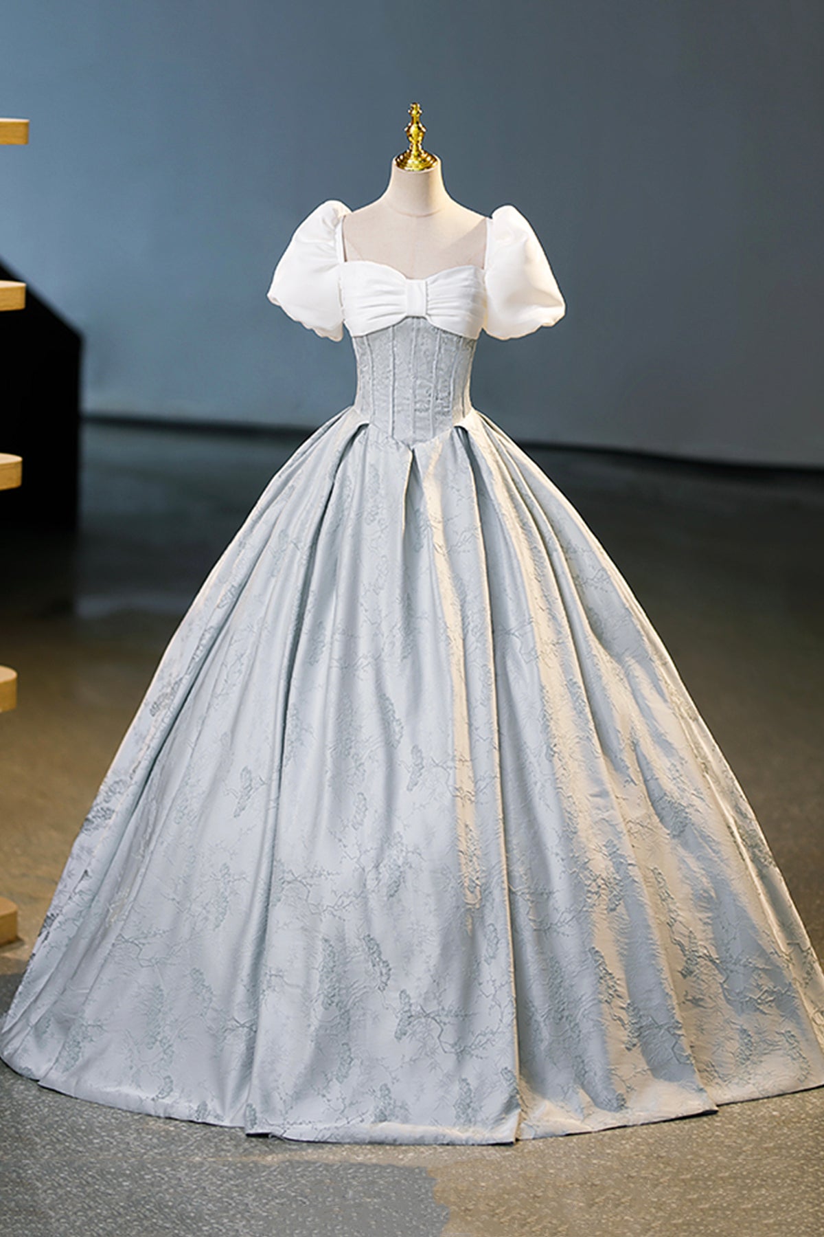 White and Gray Printed Long Ball Gown, Elegant Short Sleeve Formal Gown