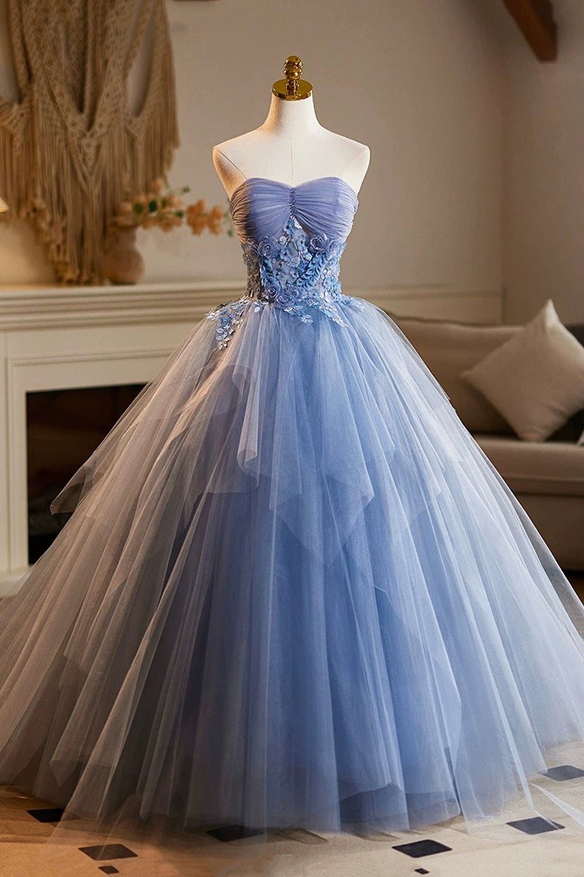 Blue Tulle Floral Long Party Dress, Lovely Strapless A-line Evening Prom Dress