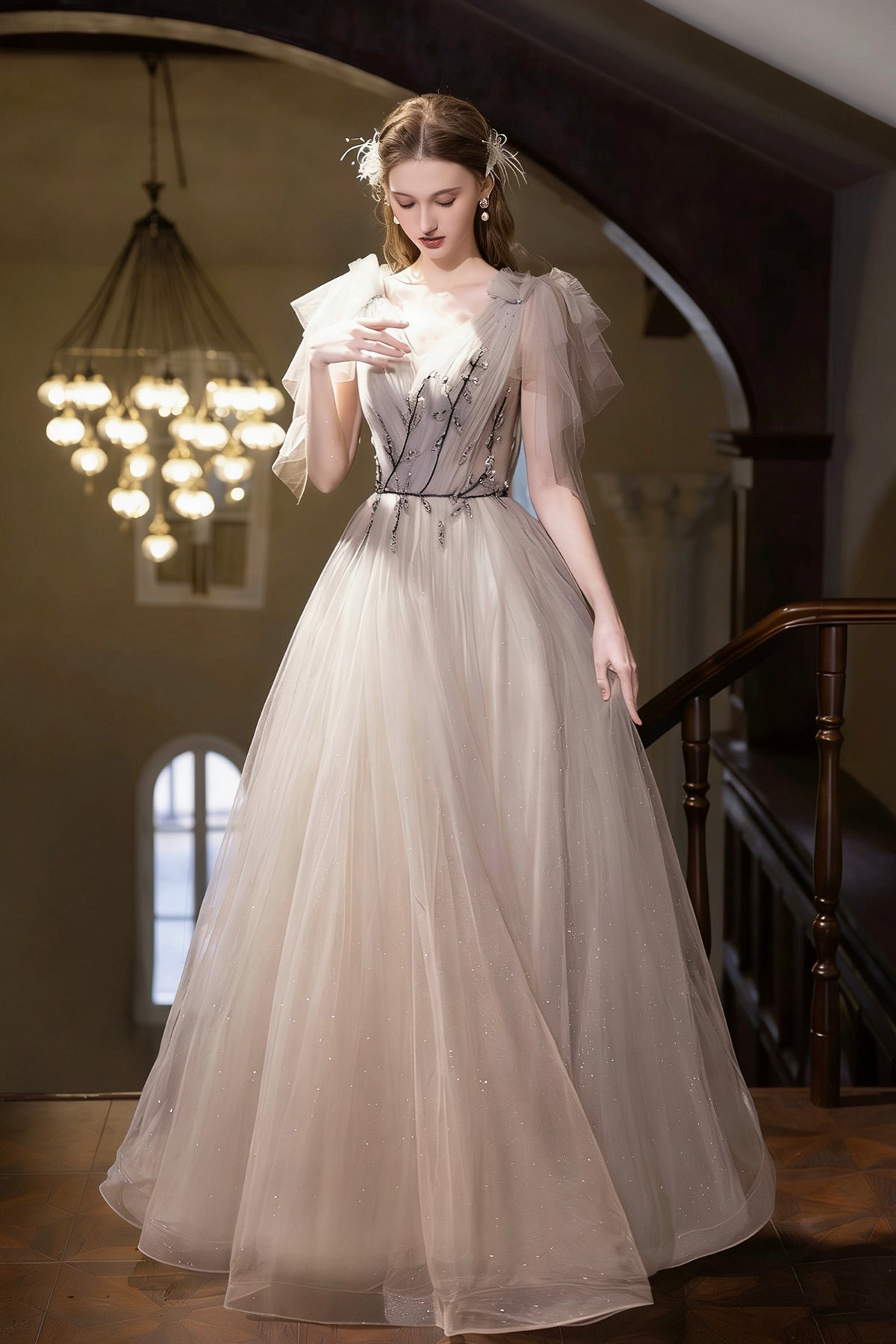 Sparkly Tulle Ball Gown Grey Champagne V-Neck Formal Dress with Ruffle Sleeves