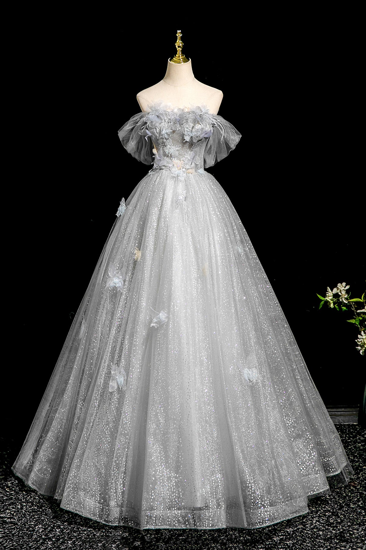 A-Line Flower Tulle Long Prom Dress, Gray Off the Shoulder Party Dress
