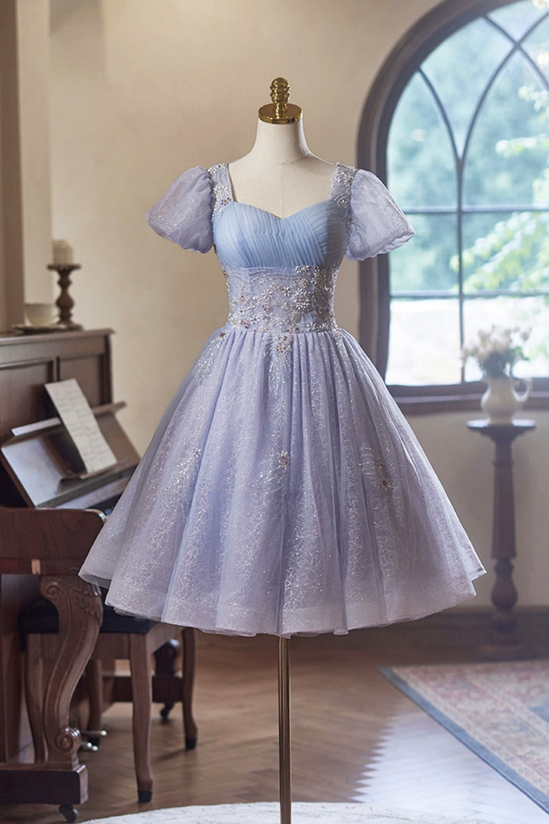 A-Line Beaded Short Prom Dress, Cute Short Sleeve Homecoming Party Dre A-Line Beaded Short Prom Dress, Cute Short Sleeve Homecoming Party Dre