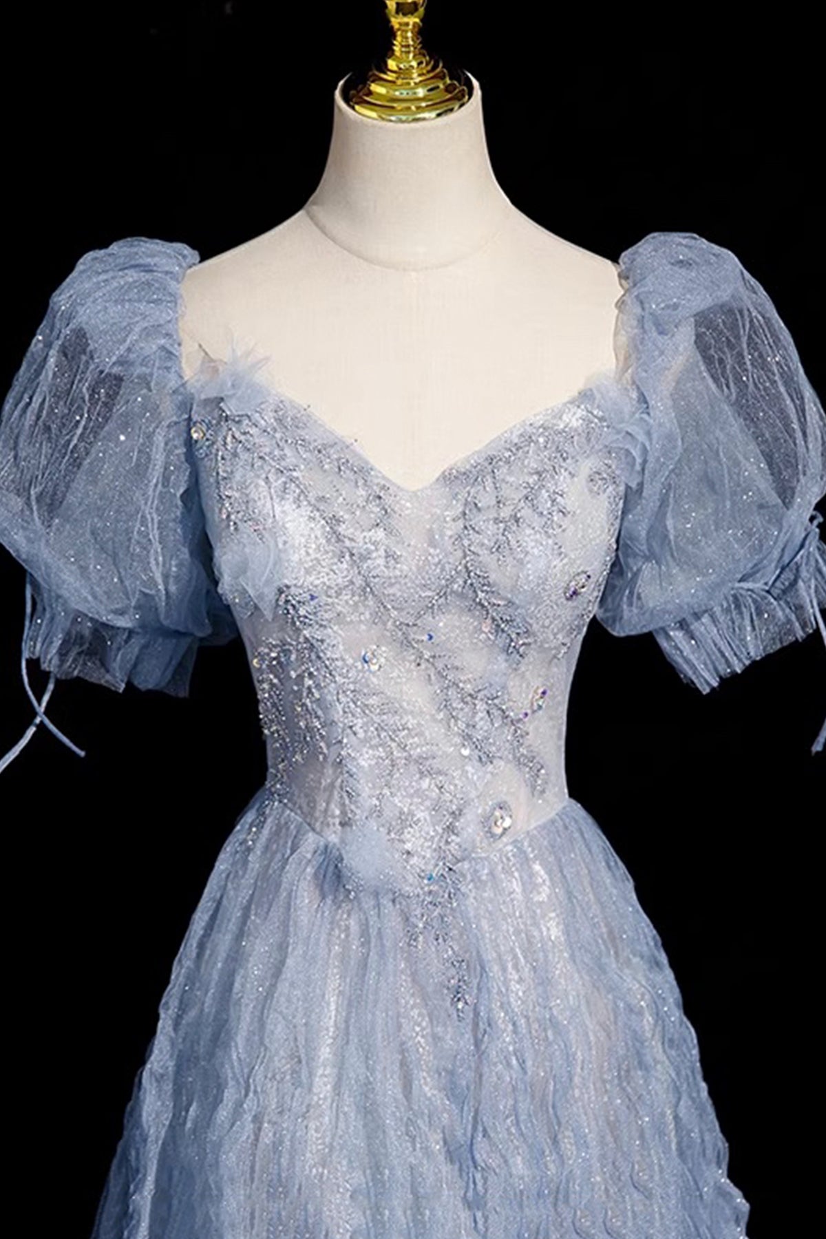 Blue Tulle Beads Long Prom Dress, A-Line Short Sleeve Evening Party Dress