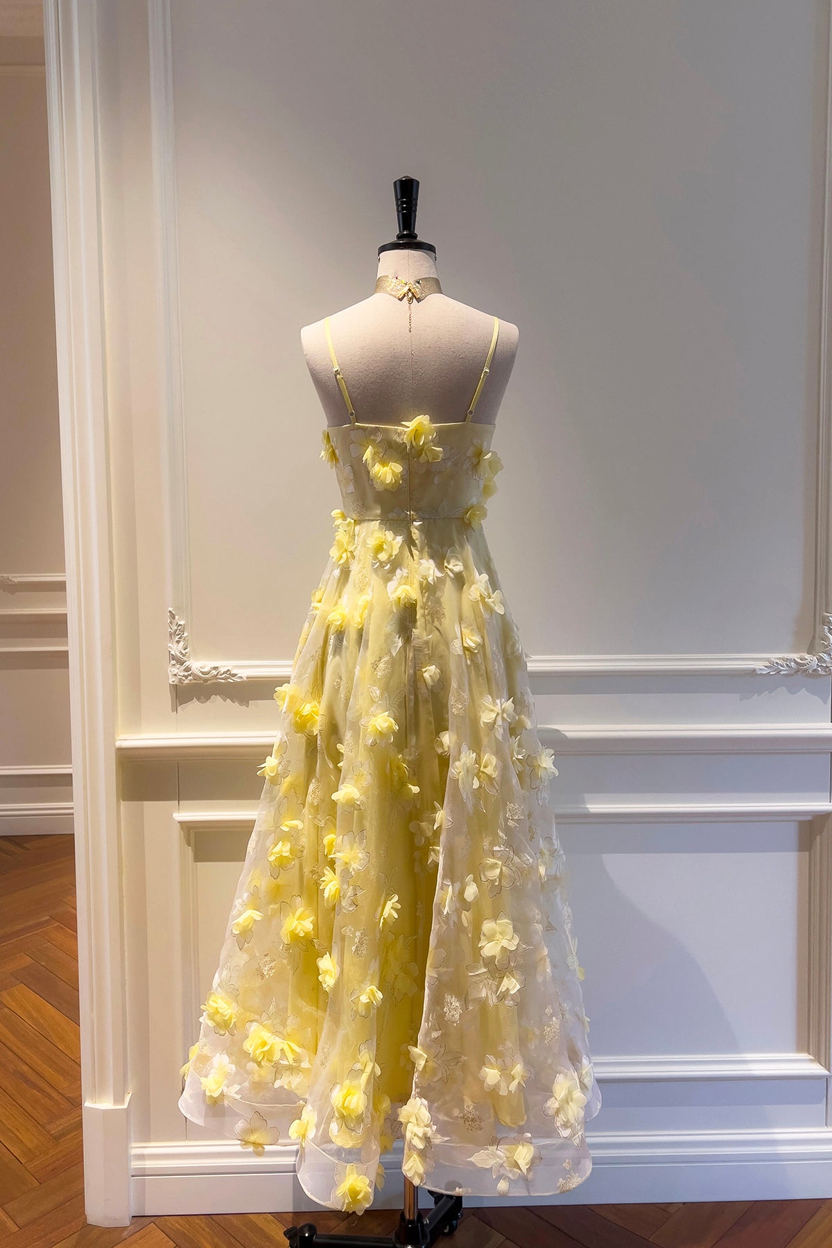 Yellow Tulle Flowers Teal Length Prom Dress, Lovely A-Line Party Dress