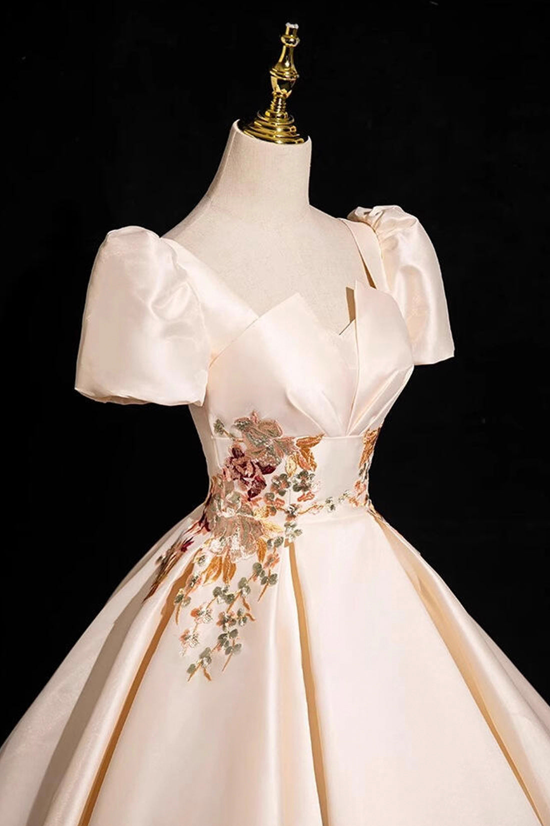 Champagne Satin Lace Long Prom Dress, Elegant A-Line Short Sleeve Party Dress