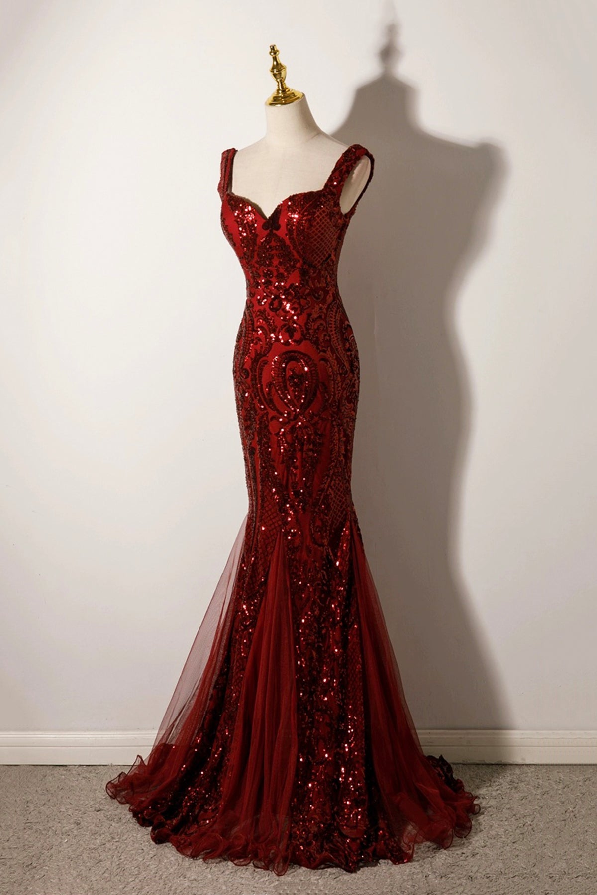 Mermaid Sequins Long Prom Dress, Burgundy Backless Evening Party Dress