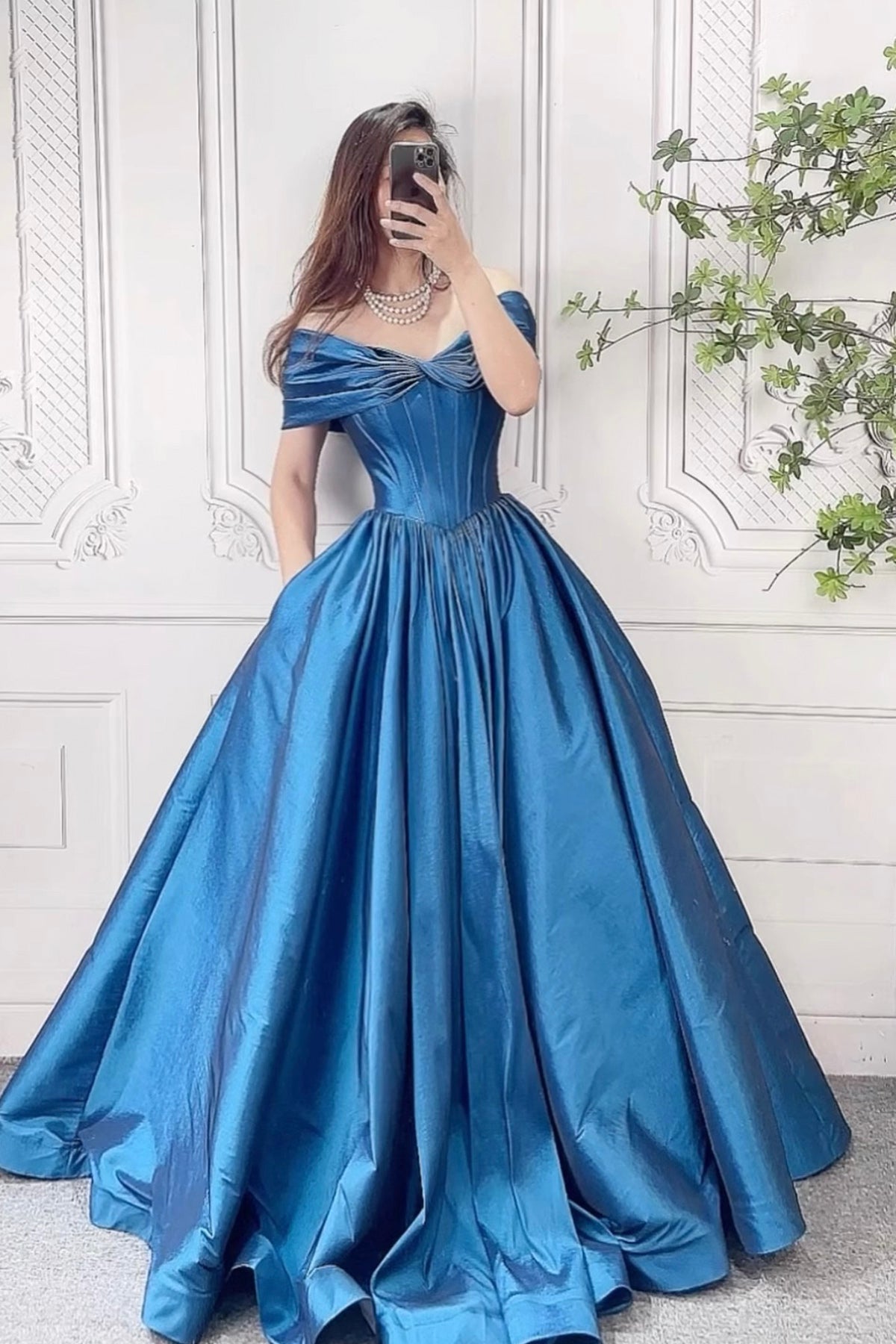Blue Satin Long Prom Dress with Corset, Beautiful Off the Shoulder Eve