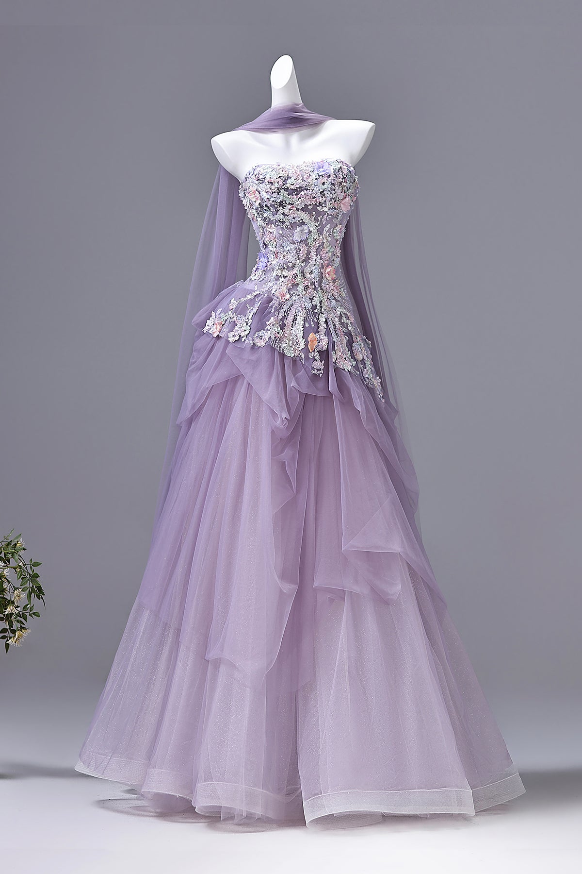 Lavender Purple Strapless Floral Beaded Prom Gown | Tulle Evening Dress with Drape