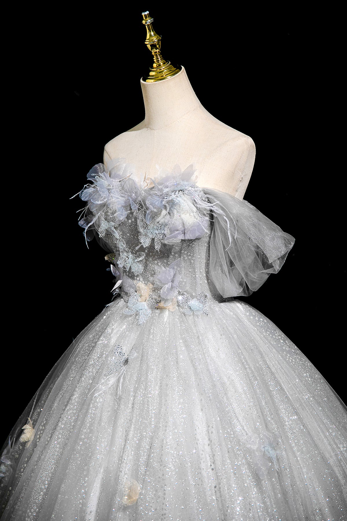 A-Line Flower Tulle Long Prom Dress, Gray Off the Shoulder Party Dress