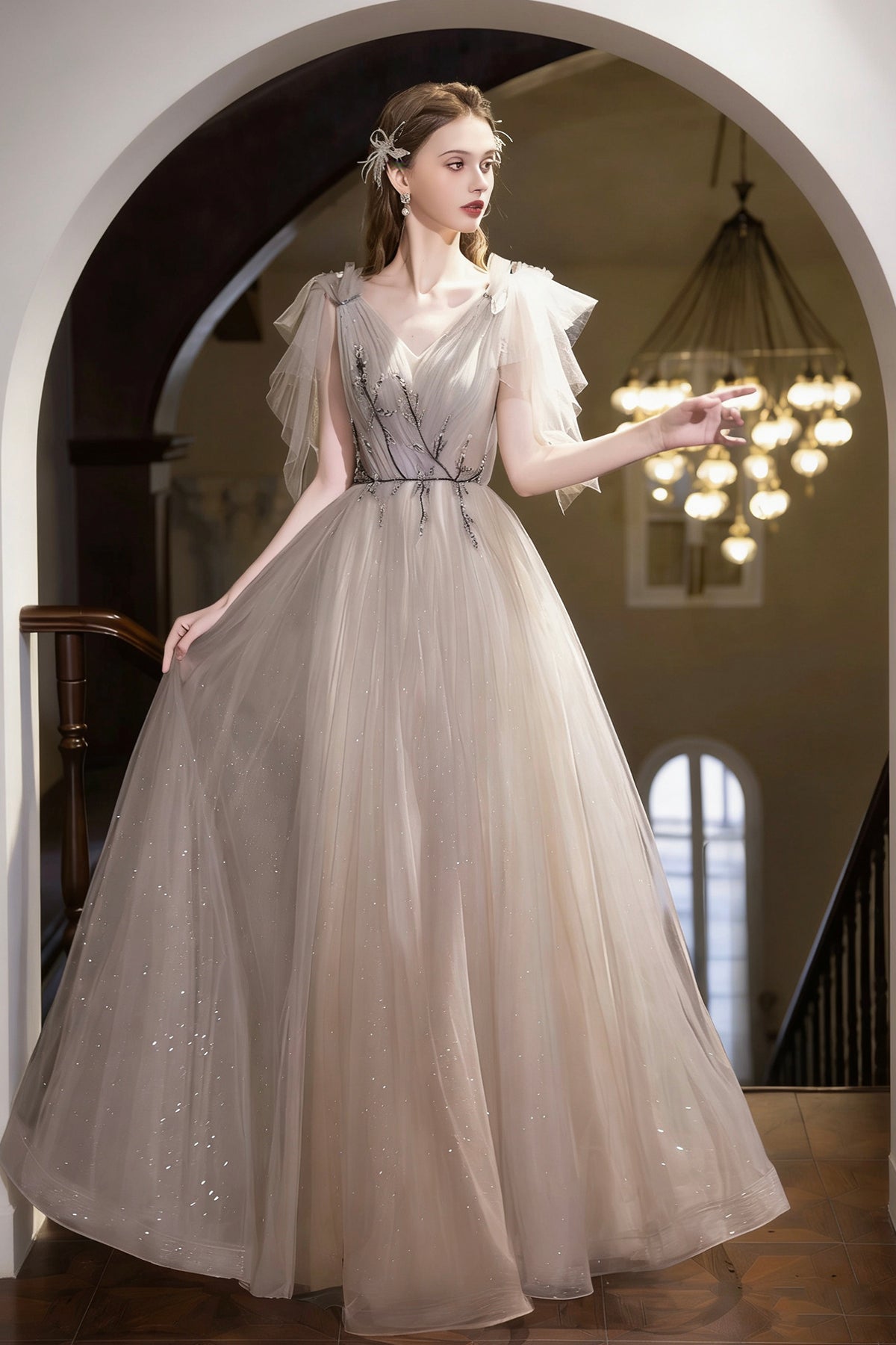 Sparkly Tulle Ball Gown Grey Champagne V-Neck Formal Dress with Ruffle Sleeves