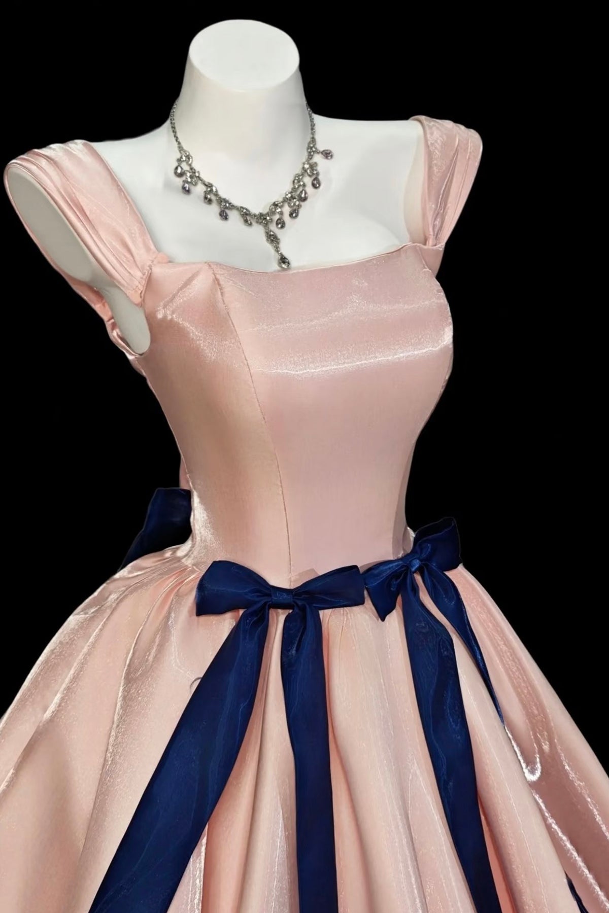Pink Satin Ball Gown with Navy Ribbon - Vintage Formal Evening Dress