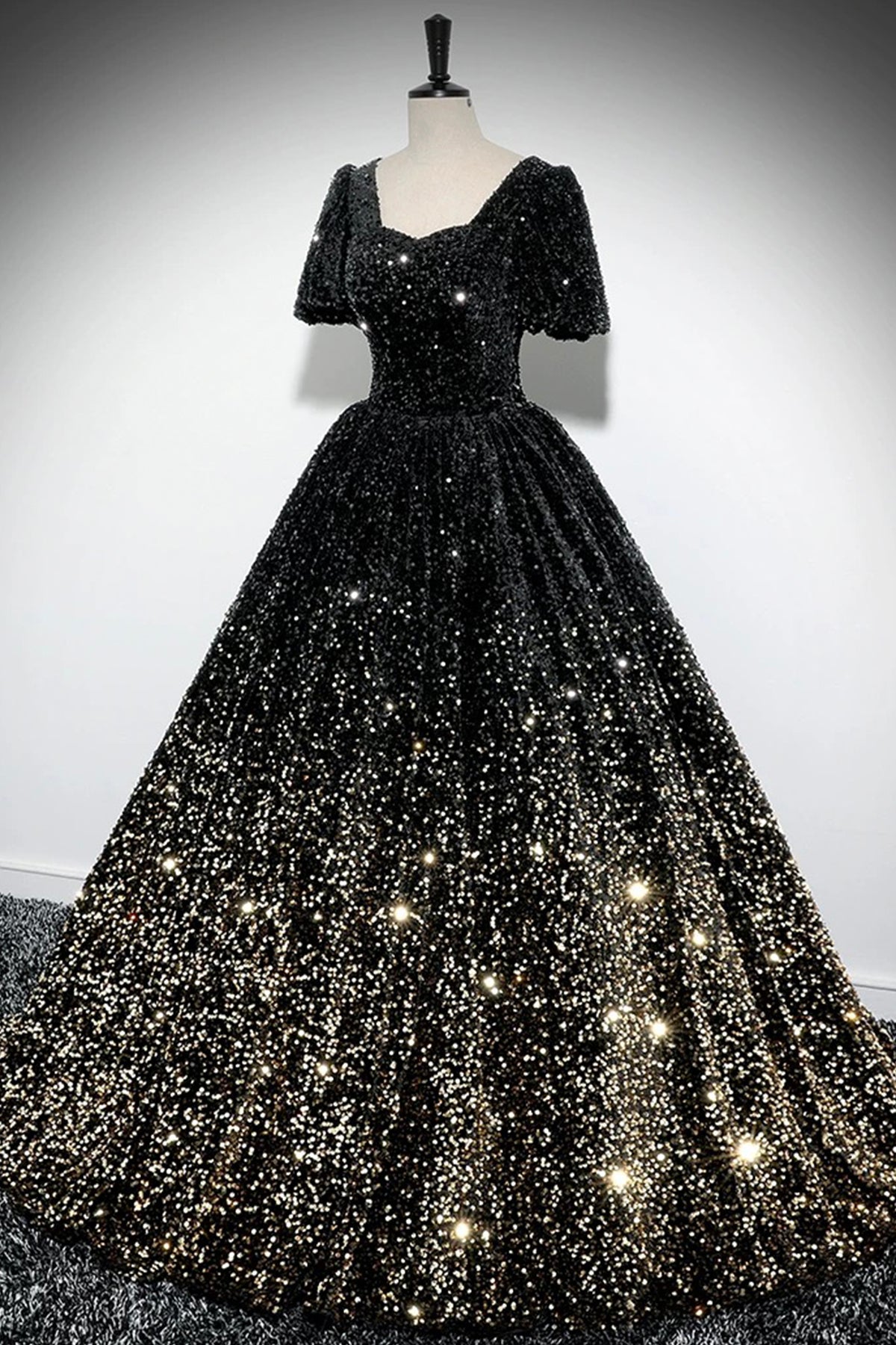 Sparkle A-Line Prom Dress, Black and Gold Ombre Sequins Evening Dress