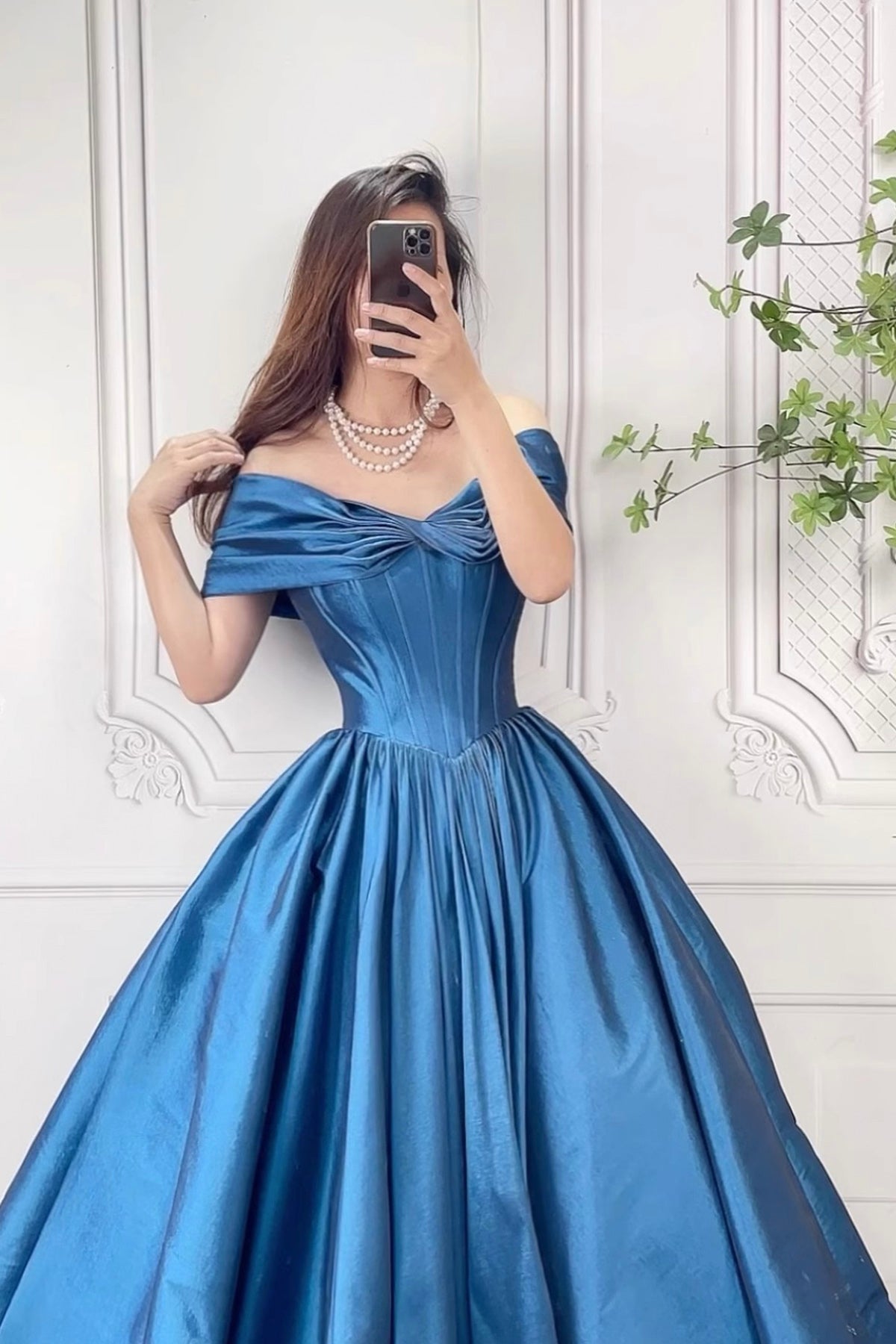 Blue Satin Long Prom Dress with Corset, Beautiful Off the Shoulder Evening Party Dress