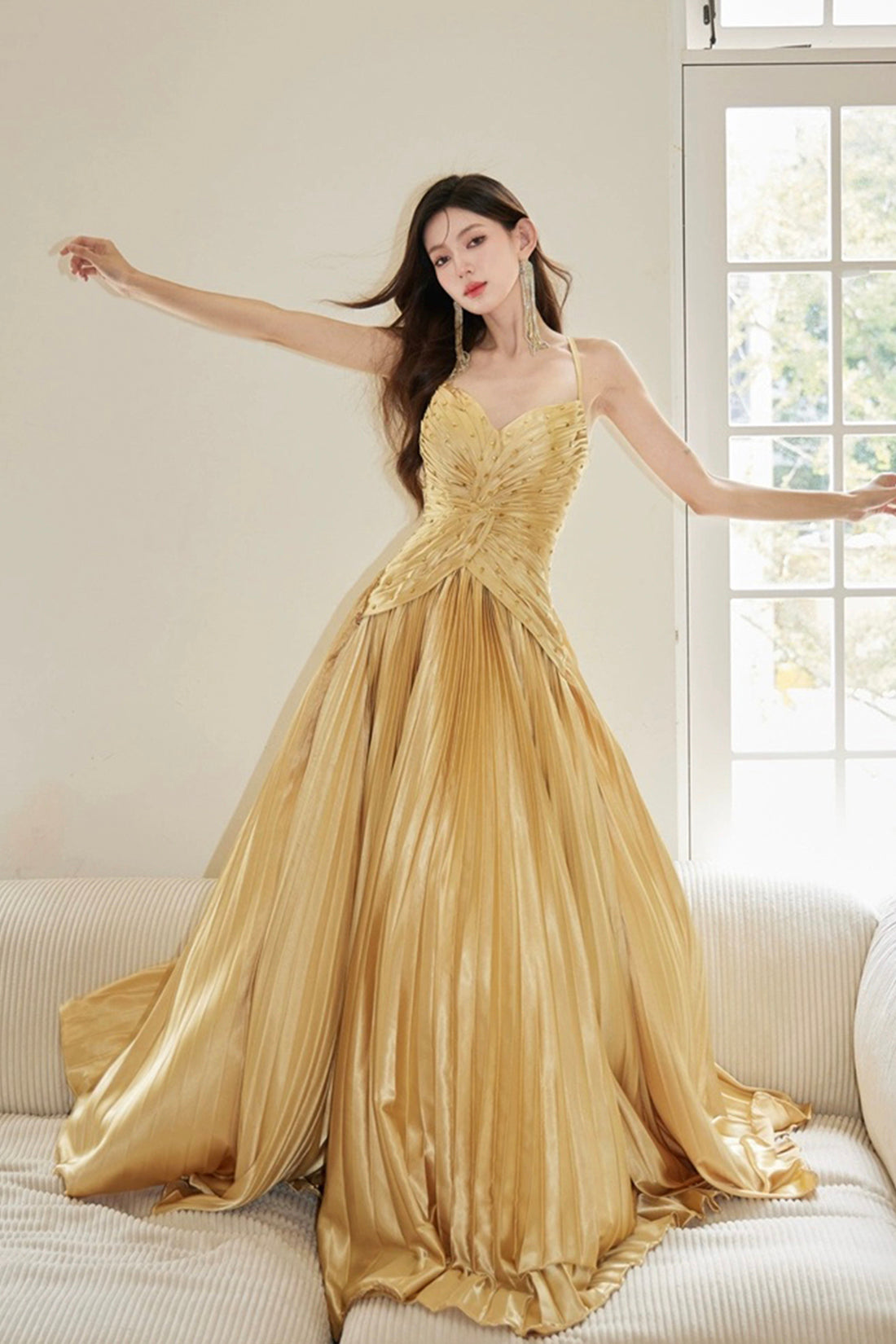 Gold Satin Long Backless Prom Dress, A-Line Spaghetti Strap Evening Pa Gold Satin Long Backless Prom Dress, A-Line Spaghetti Strap Evening Pa