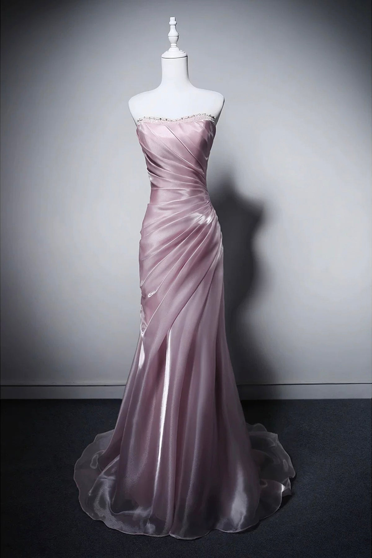 Pink Tulle Strapless Evening Gown, Mermaid Prom Party Dress