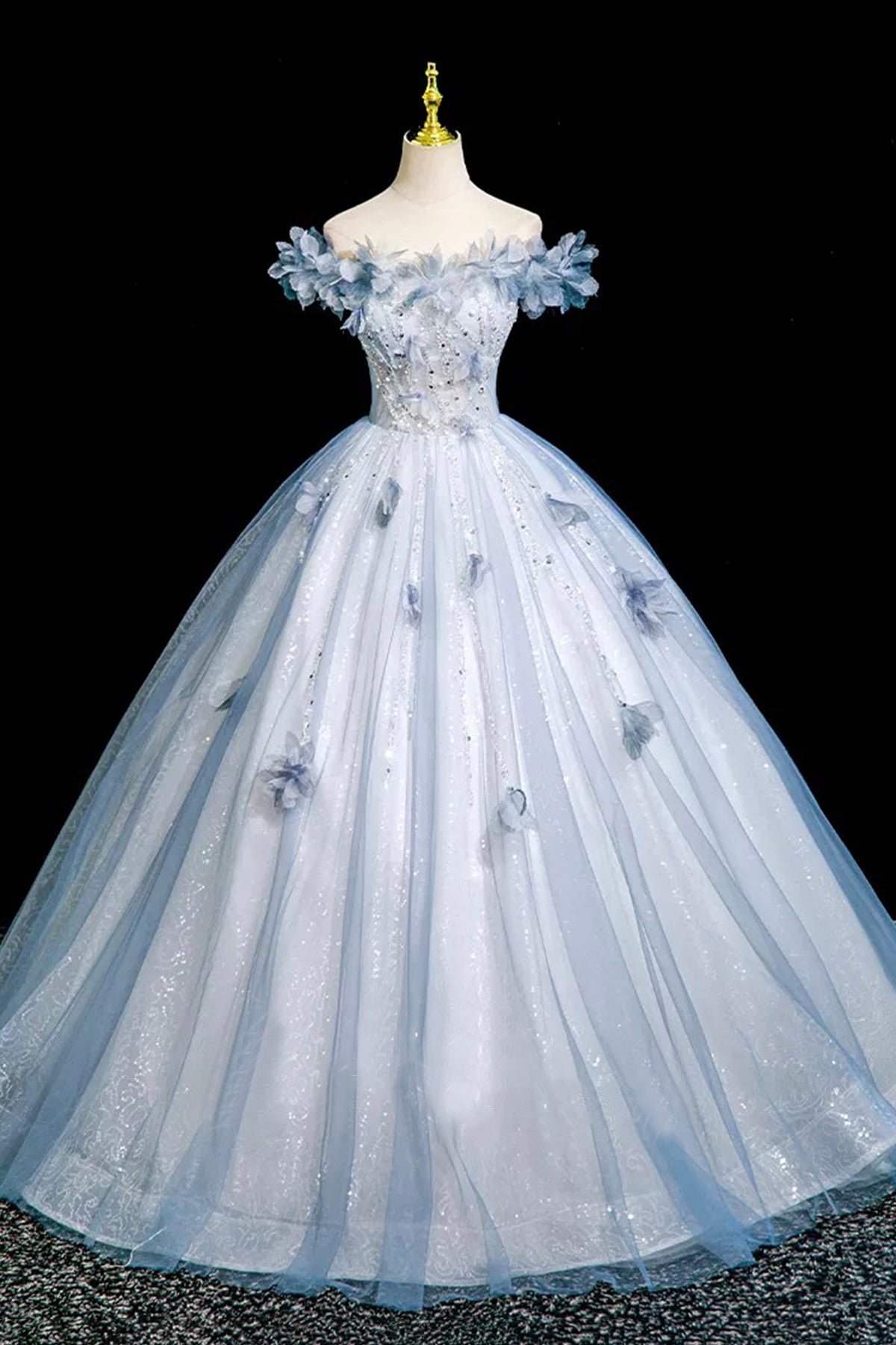 Blue Tulle Sequins Long Prom Dress, A-Line Off the Shoulder Party Dress