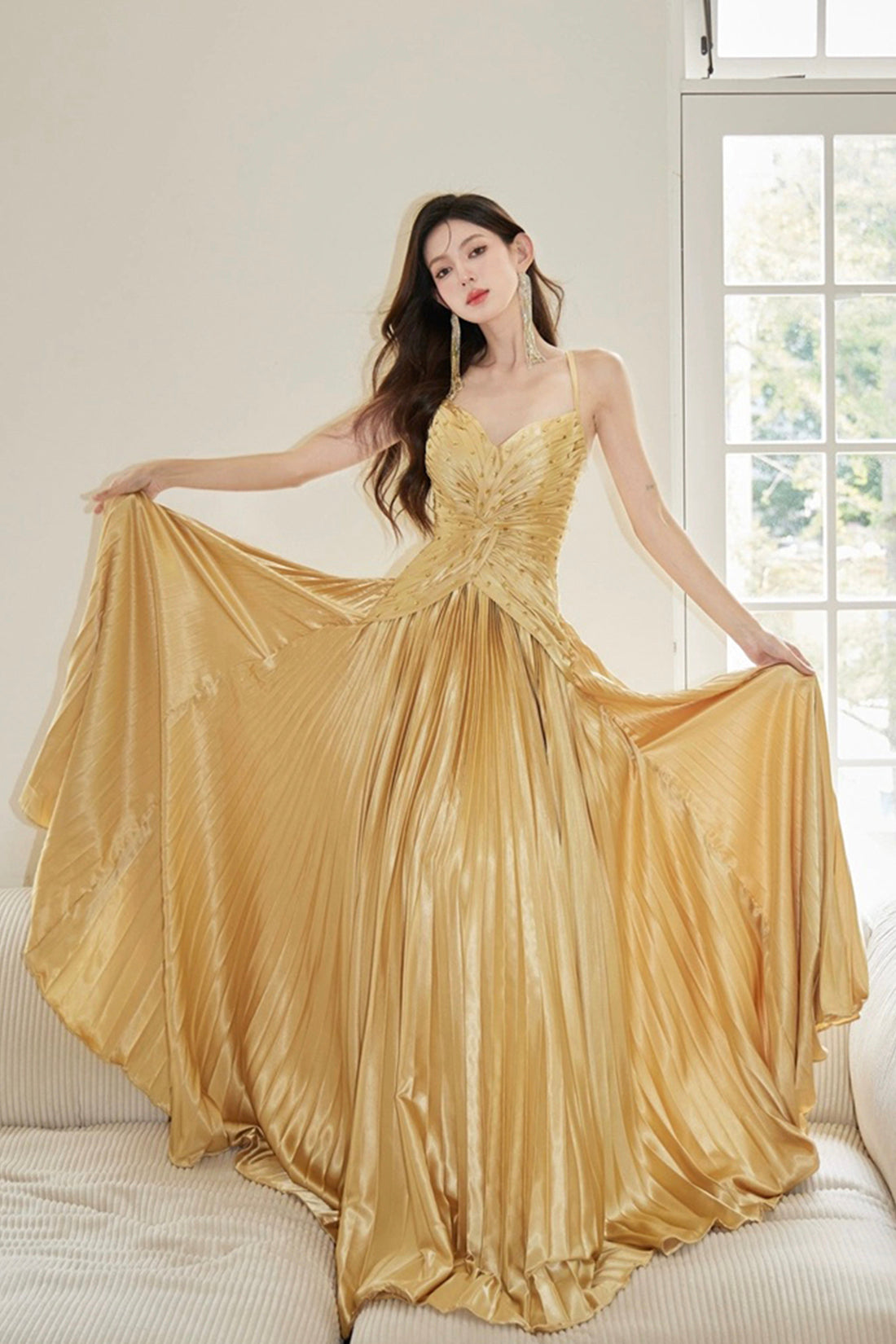 Gold Satin Long Backless Prom Dress, A-Line Spaghetti Strap Evening Party Dress