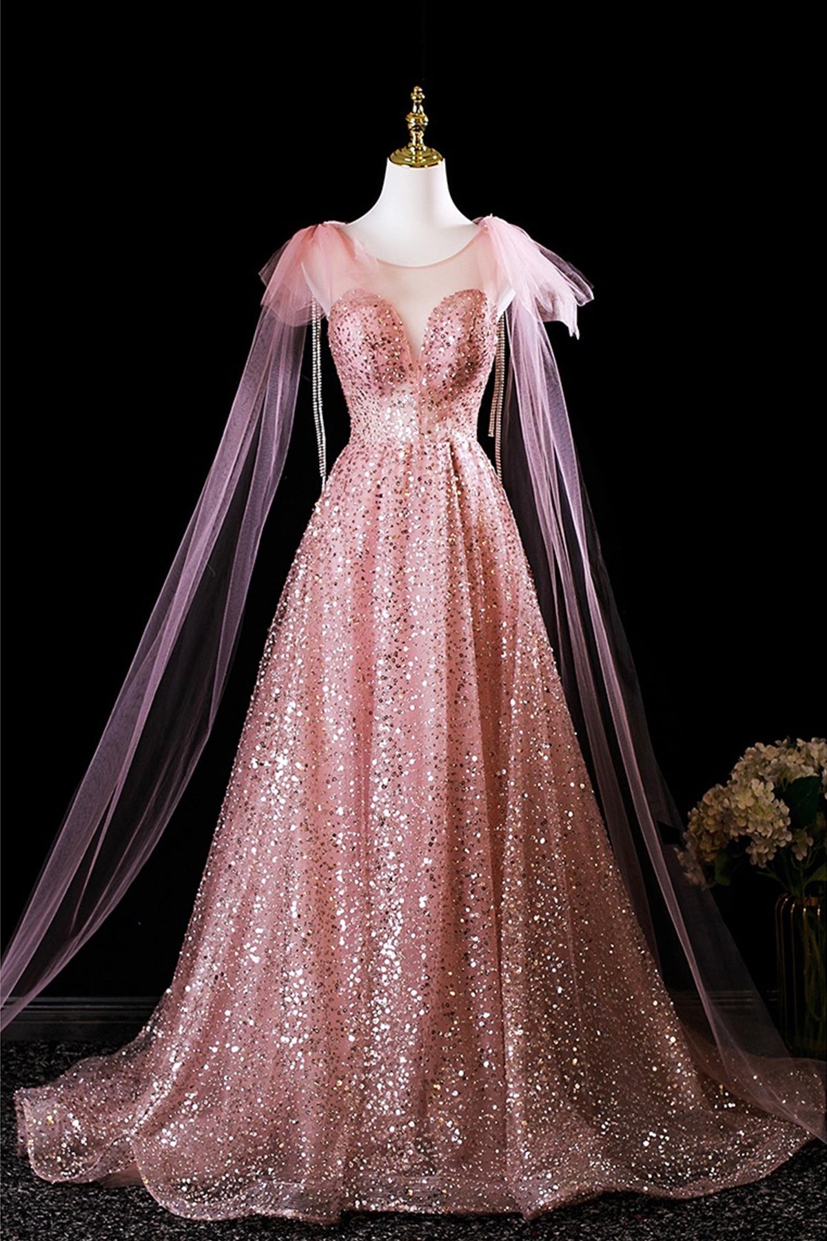 Pink Tulle Sequins Long Prom Dress, Shiny A-Line Evening Formal Dress