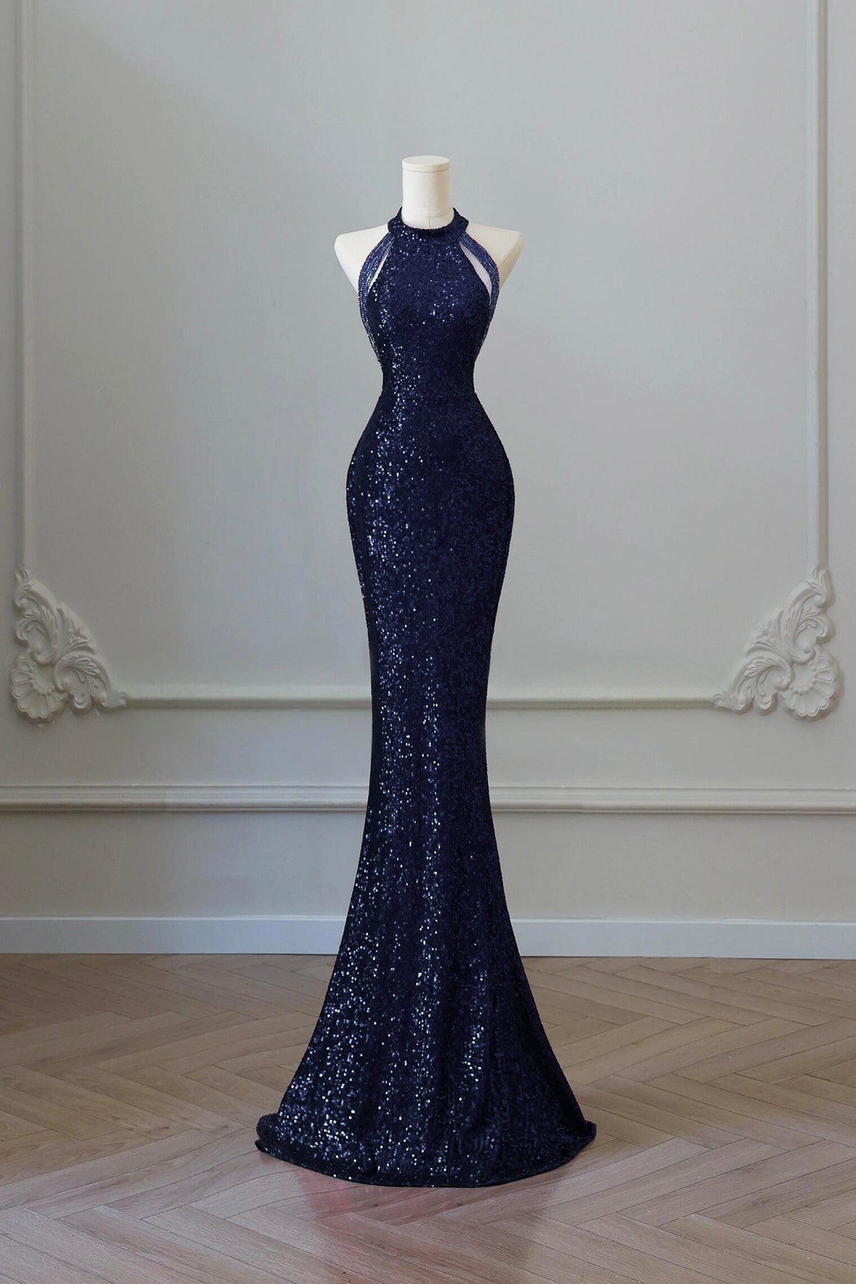 Navy Sequins Long Mermaid Prom Dress, Elegant Off the Shoulder Party Dress