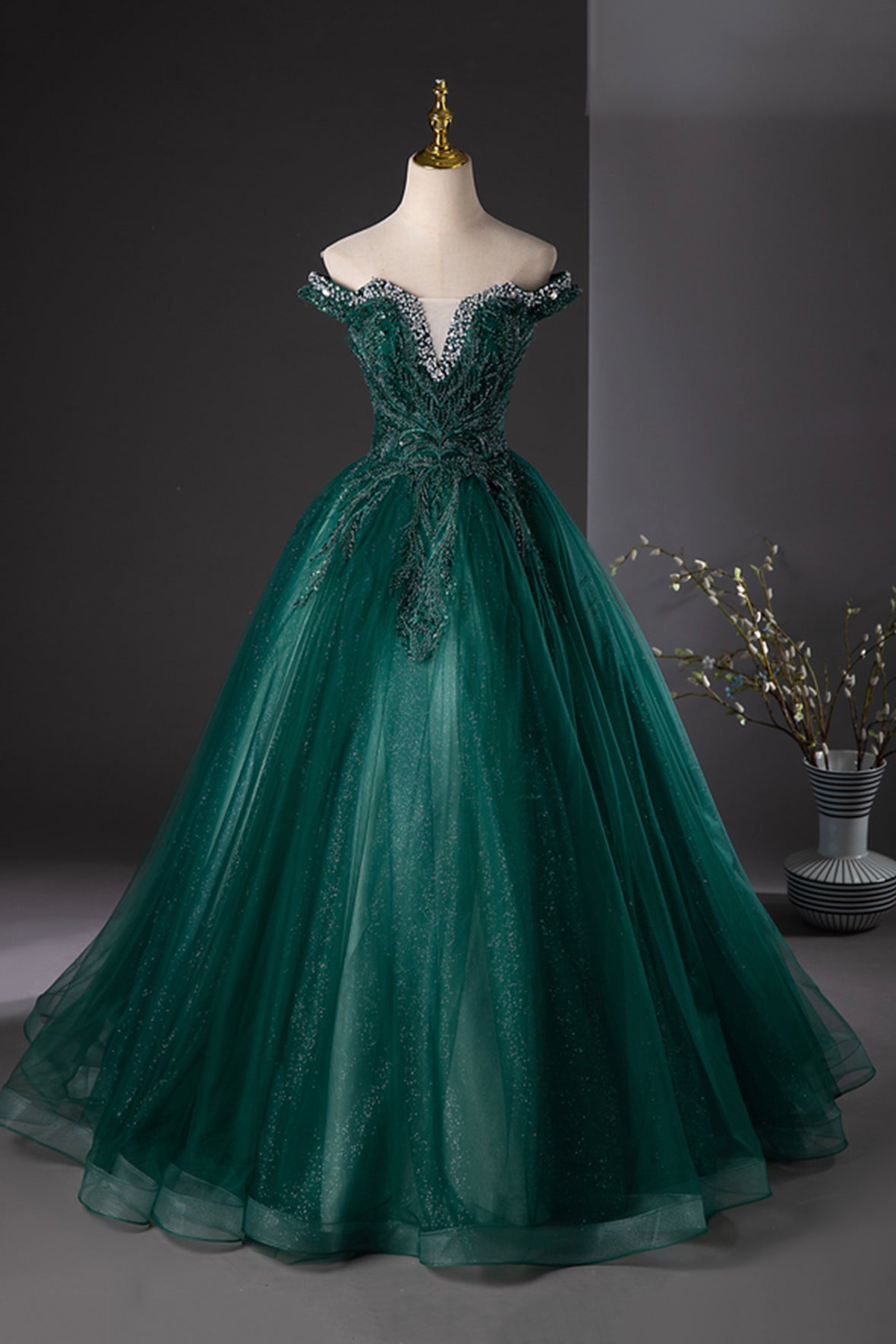 Green Tulle Beads Long Prom Dress, Elegant Off Shoulder Party Formal D Green Tulle Beads Long Prom Dress, Elegant Off Shoulder Party Formal D