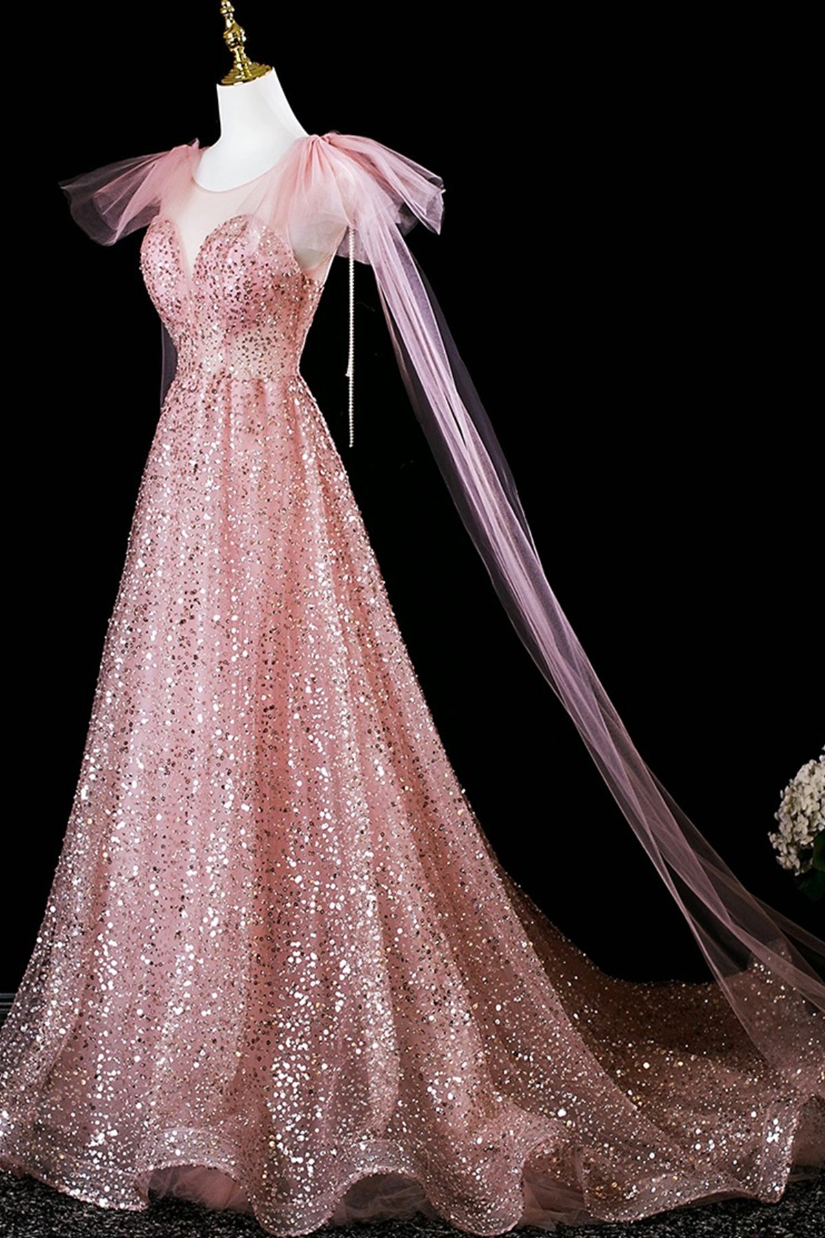 Pink Tulle Sequins Long Prom Dress, Shiny A-Line Evening Formal Dress