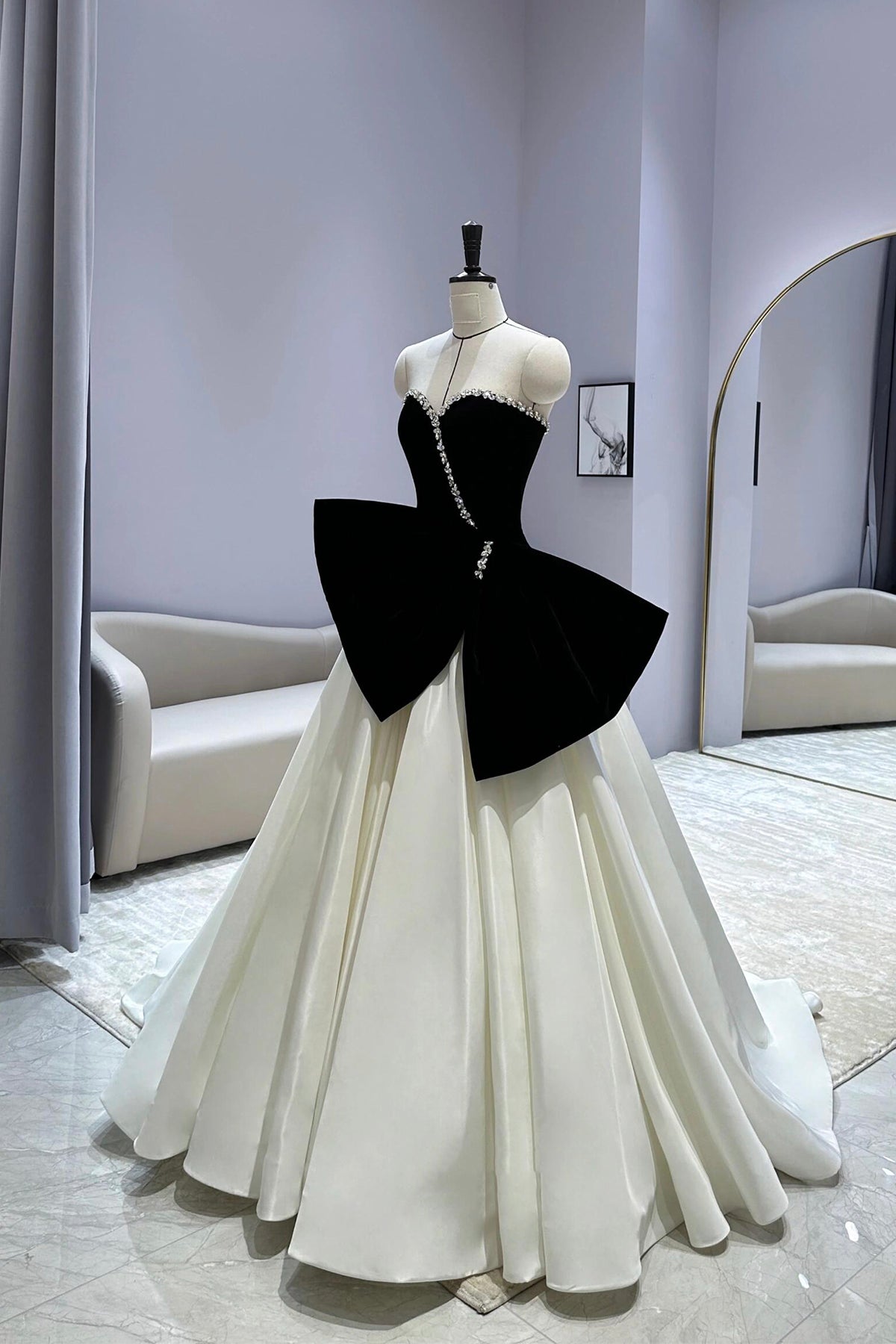 Black Velvet and White Long Prom Dress, A-Line Sweetheart Neck Party Dress