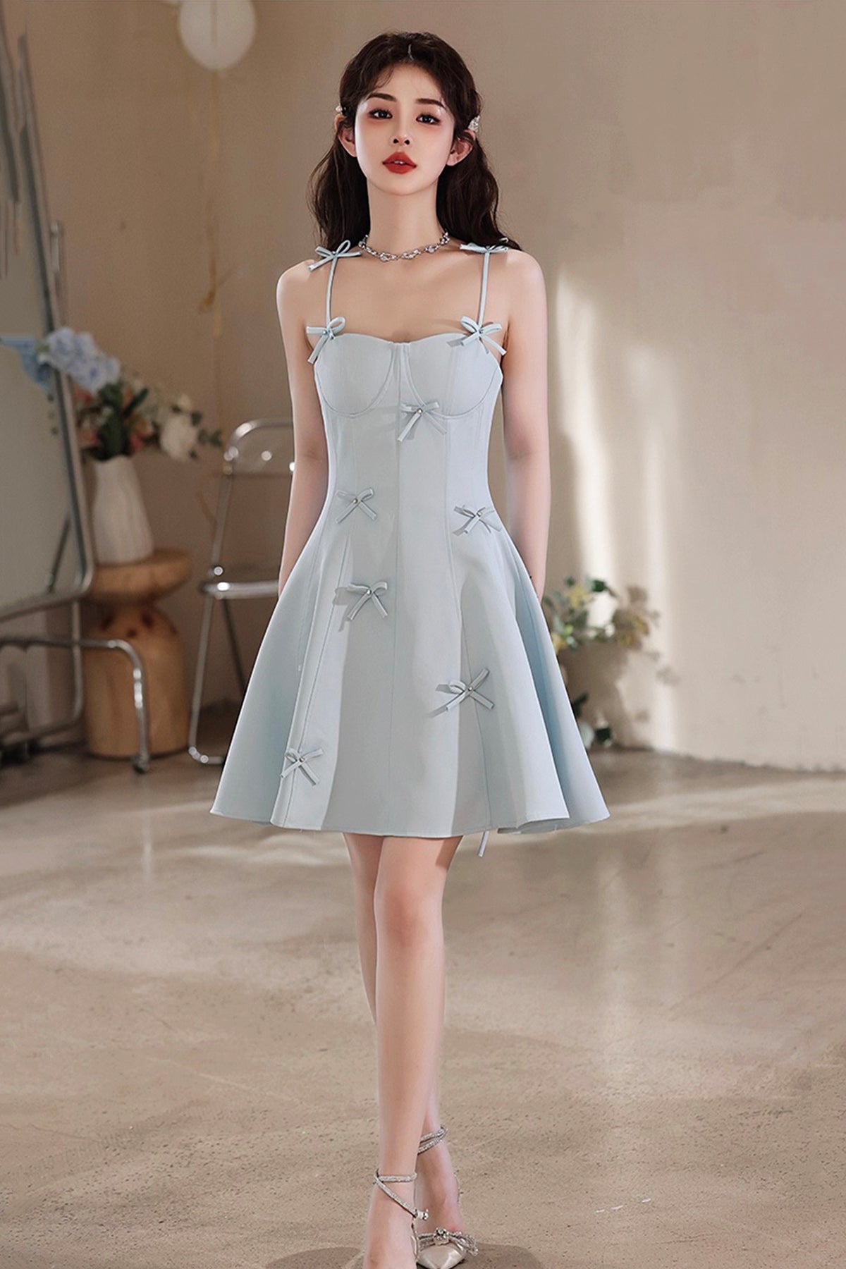 Light Blue Spaghetti Strap Short Prom Dress, Lovely A-Line Evening Par Light Blue Spaghetti Strap Short Prom Dress, Lovely A-Line Evening Par
