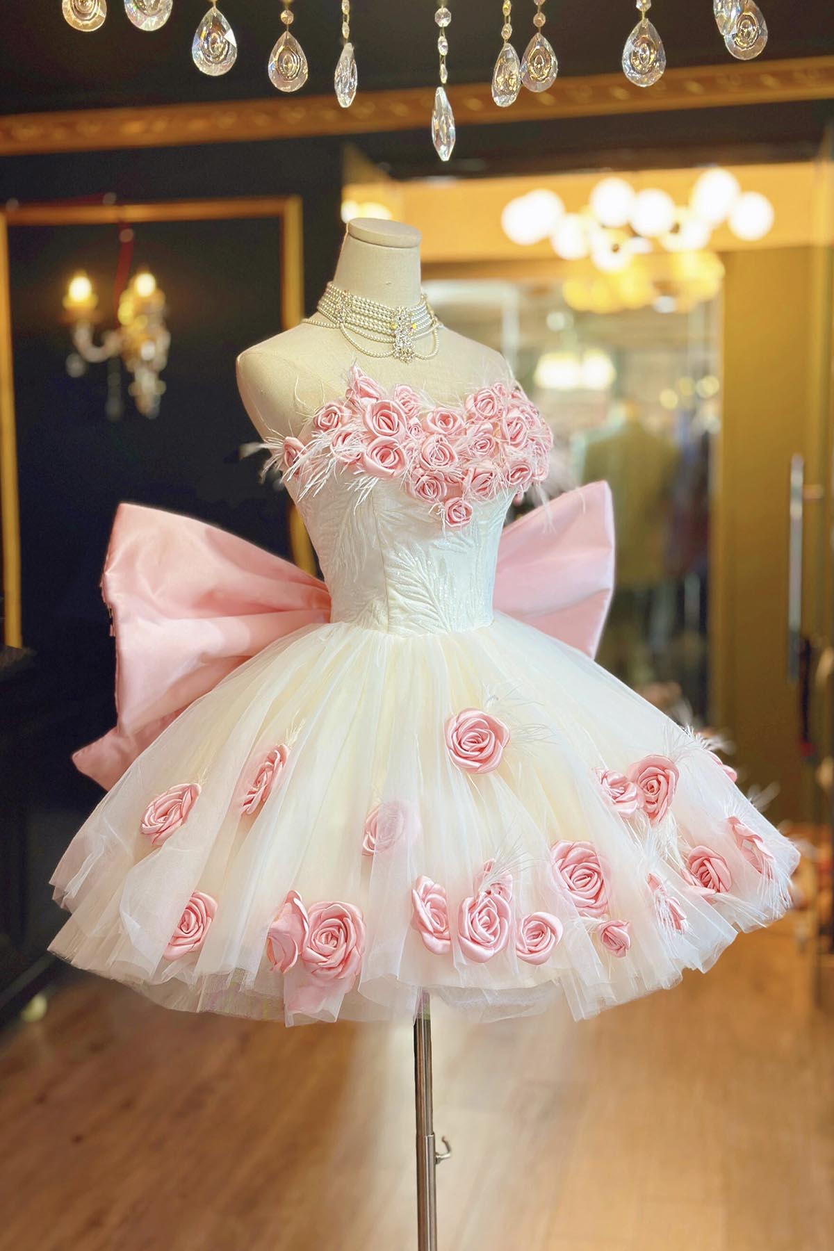 Pink Rose Tulle Short Party Dress, Oversized Bow Enchanted Ball Gown