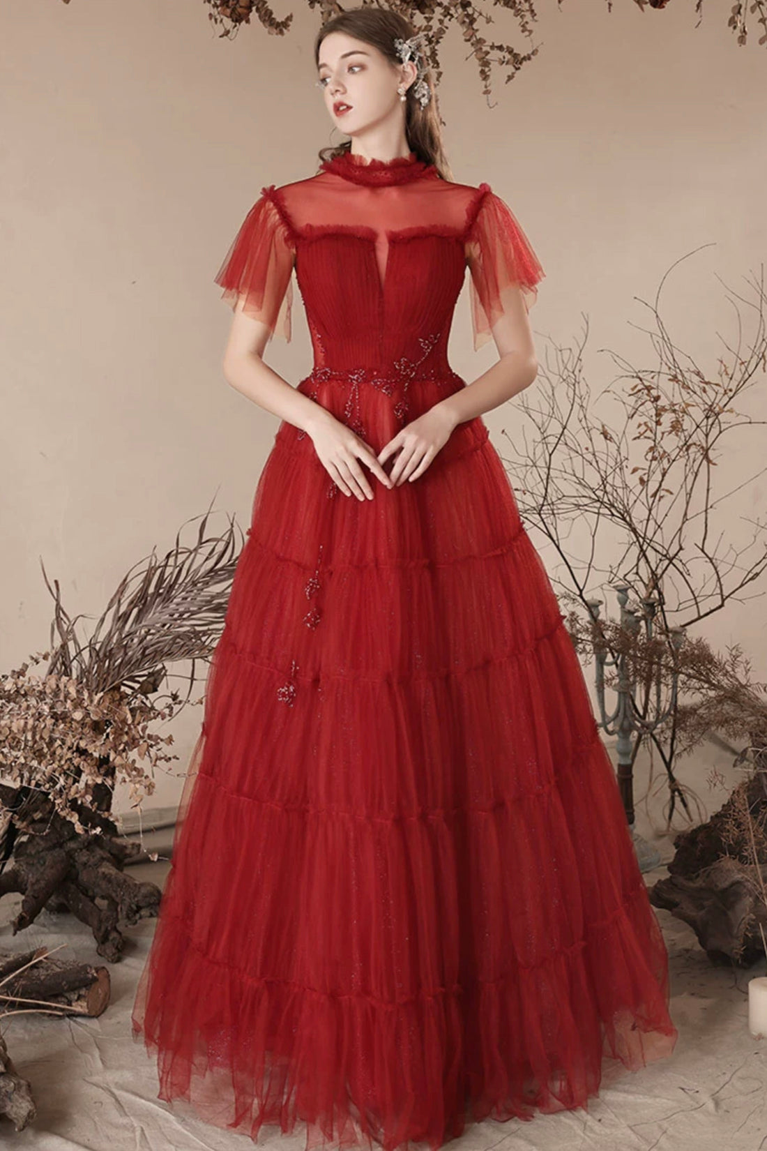Lovely Tulle Beaded Floor Length Prom Dress, Beautiful Dark Red A-Line Lovely Tulle Beaded Floor Length Prom Dress, Beautiful Dark Red A-Line