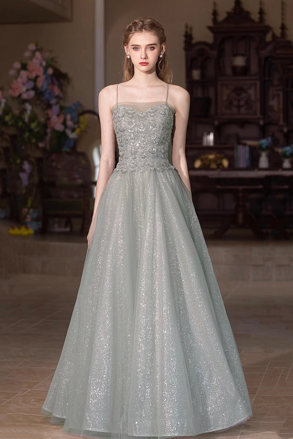 Beautiful A-Line Tulle Sequins Long Prom Dress, Gray Green Spaghetti Strap Party Dress