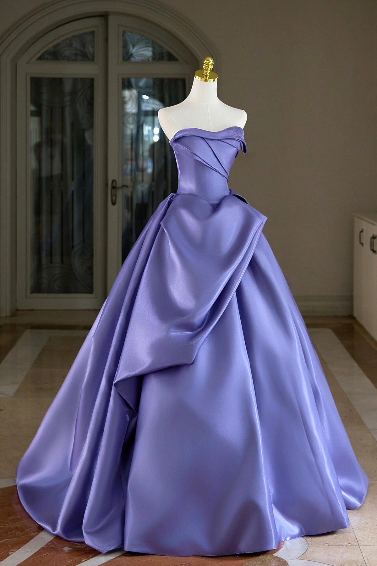 Purple Satin Long Prom Dress, A-Line Strapless Evening Party Dress