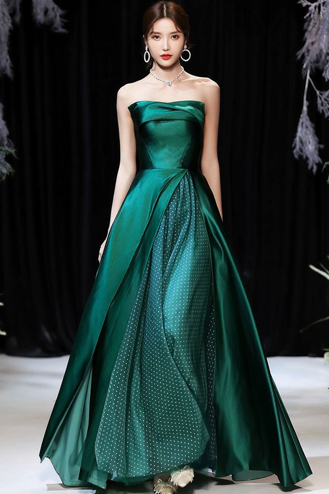 Dark Green Satin Long Prom Dress Green A Line Strapless Evening Dress