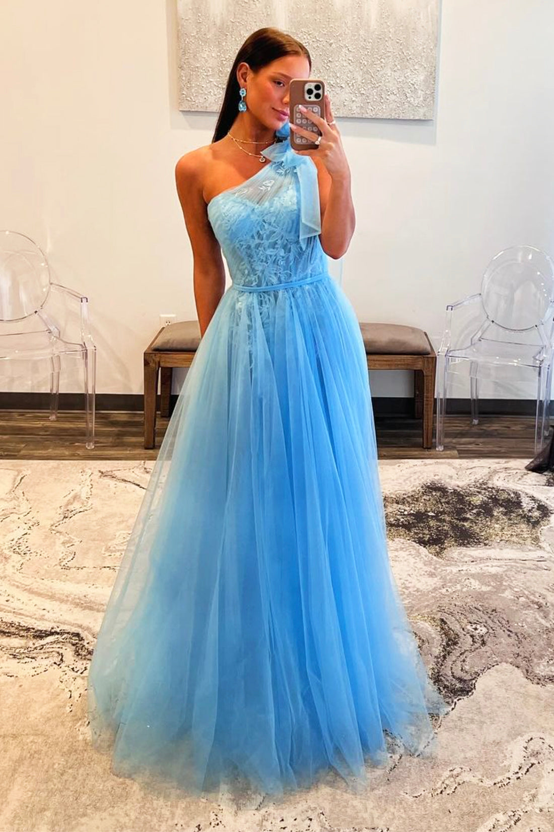 Sky Blue Tull Lace Long Prom Dress, Beautiful One Shoulder Evening Party Dress