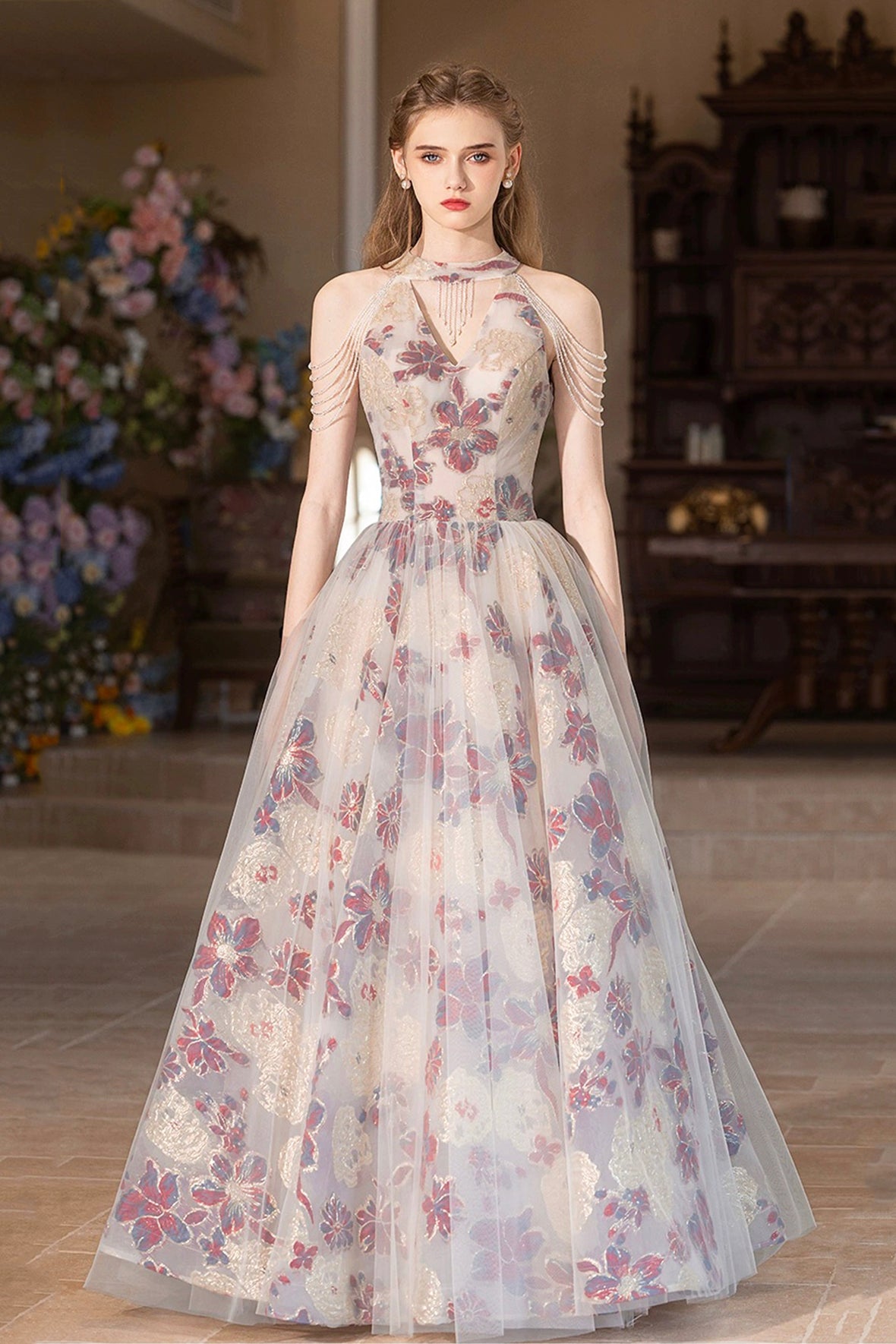 Floral Tulle New Style Strapless Floor Length Party Dress, Long Formal Dress Evening Dress