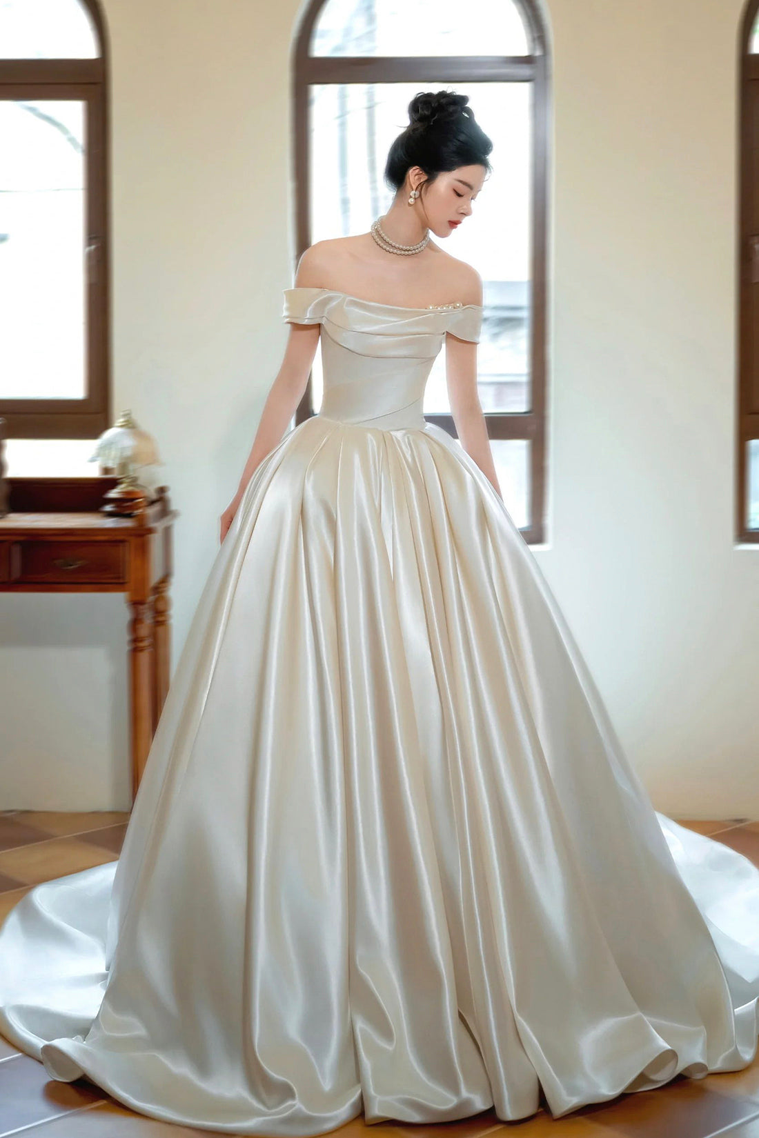 Champagne Satin Long Prom Dress, Off the Shoulder Formal Evening Dress Champagne Satin Long Prom Dress, Off the Shoulder Formal Evening Dress