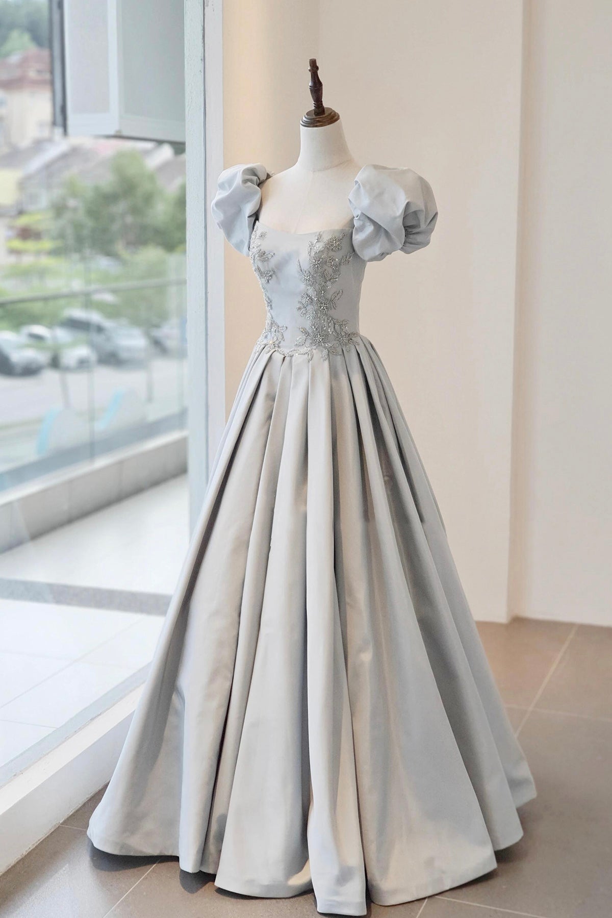 Gray Satin Beads Long Prom Dress, A-Line Short Sleeve Evening Party Dress