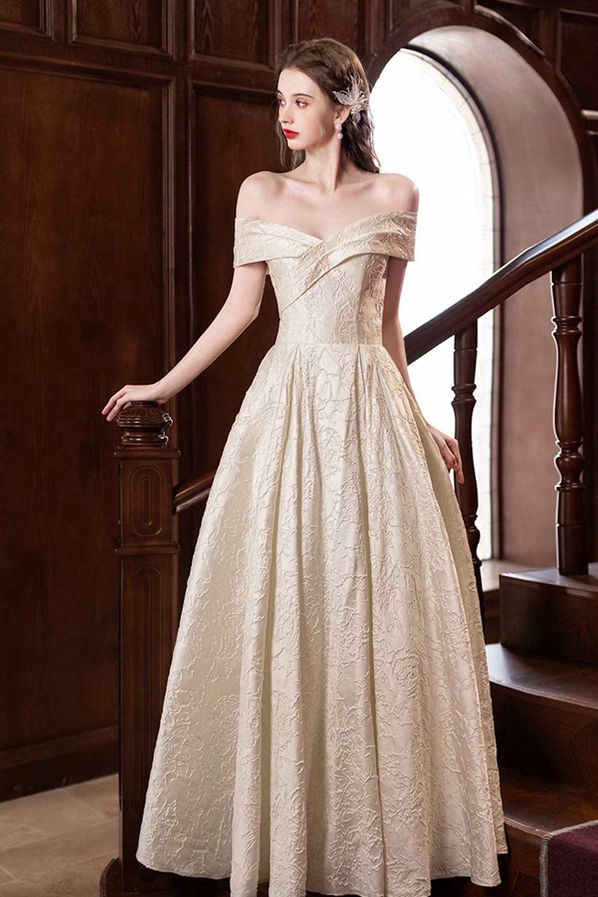 Champagne Print Satin Long Prom Dress, A-Line Off the Shoulder Party Dress